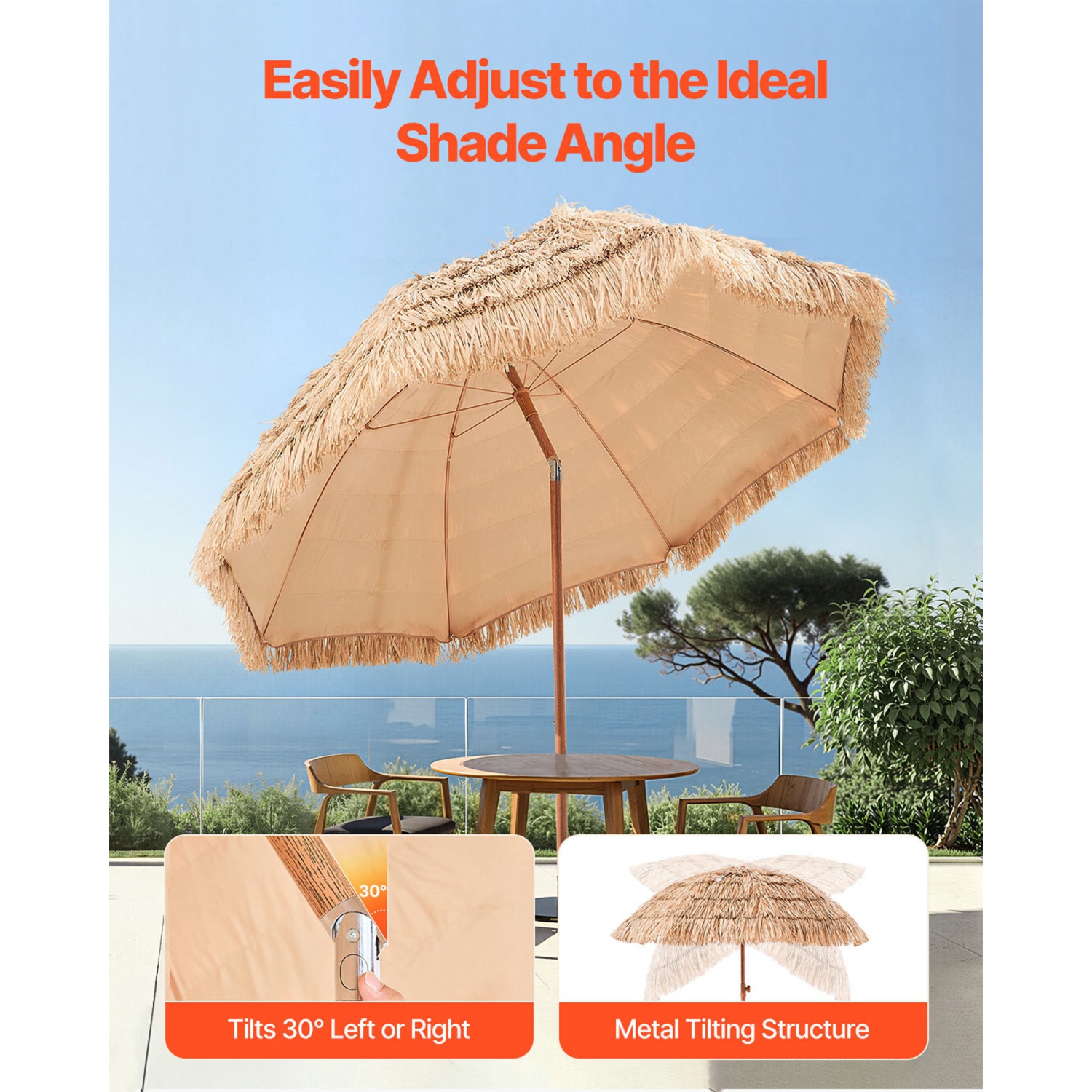 VEVOR 8 ft Tiki Umbrella, Thatched Patio Umbrella with Tilt, Hawaiian Style Beach Parasol with Durable PP Thatch and 8 Metal Ribs, Grass Pool