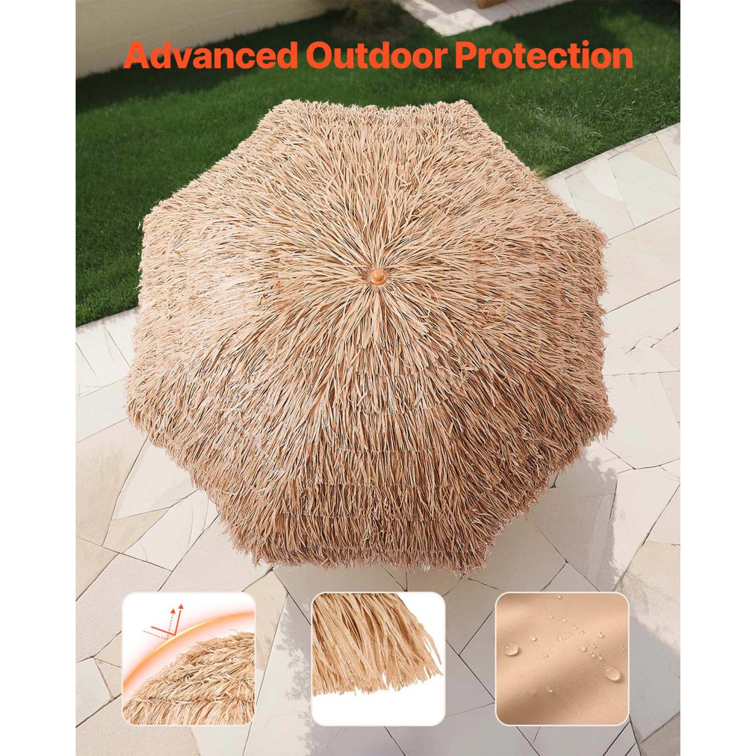 VEVOR 8 ft Tiki Umbrella, Thatched Patio Umbrella with Tilt, Hawaiian Style Beach Parasol with Durable PP Thatch and 8 Metal Ribs, Grass Pool