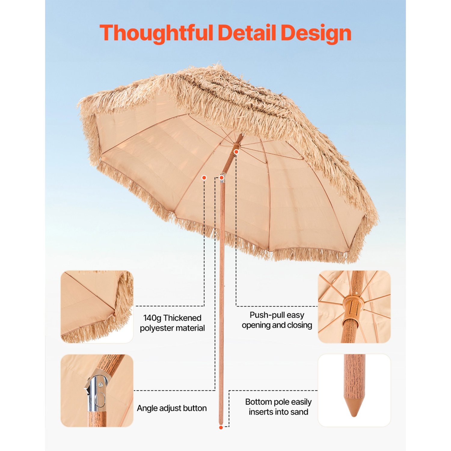 VEVOR 8 ft Tiki Umbrella, Thatched Patio Umbrella with Tilt, Hawaiian Style Beach Parasol with Durable PP Thatch and 8 Metal Ribs, Grass Pool