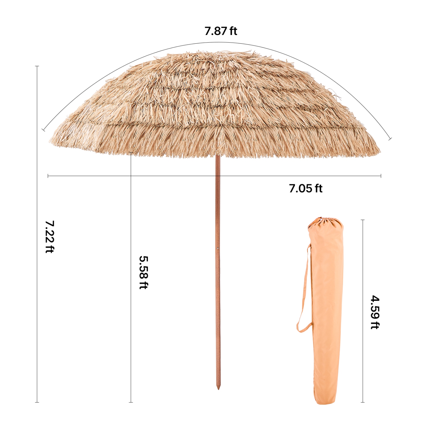 VEVOR 8 ft Tiki Umbrella, Thatched Patio Umbrella with Tilt, Hawaiian Style Beach Parasol with Durable PP Thatch and 8 Metal Ribs, Grass Pool