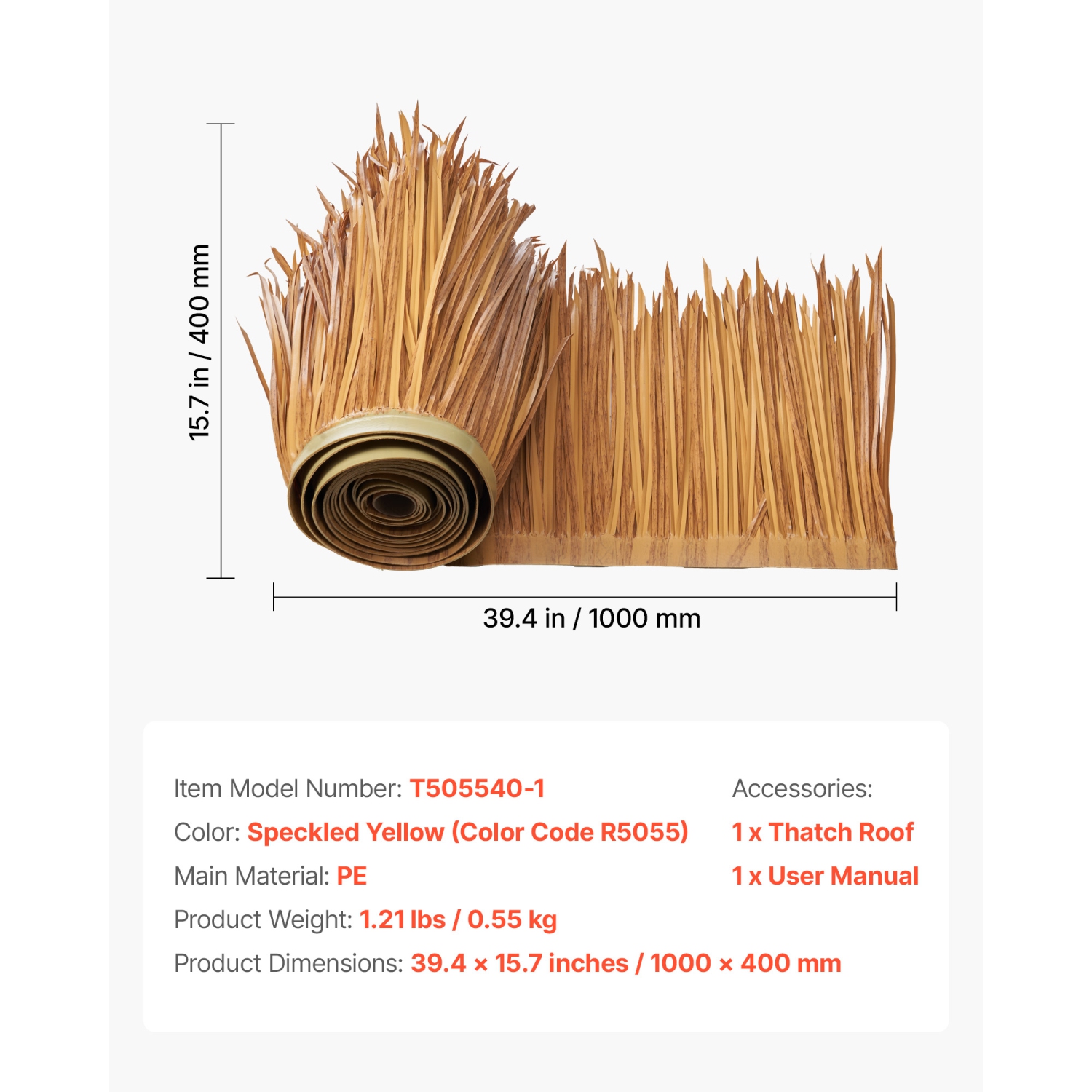 VEVOR 1.3 x3.2 ft Artificial Thatch Grass Roof, Mexican Style Tiki Bar Hut Skirt Thatch Roofing Roll, Waterproof & Fire-Resistant, Palapa Duck Blind