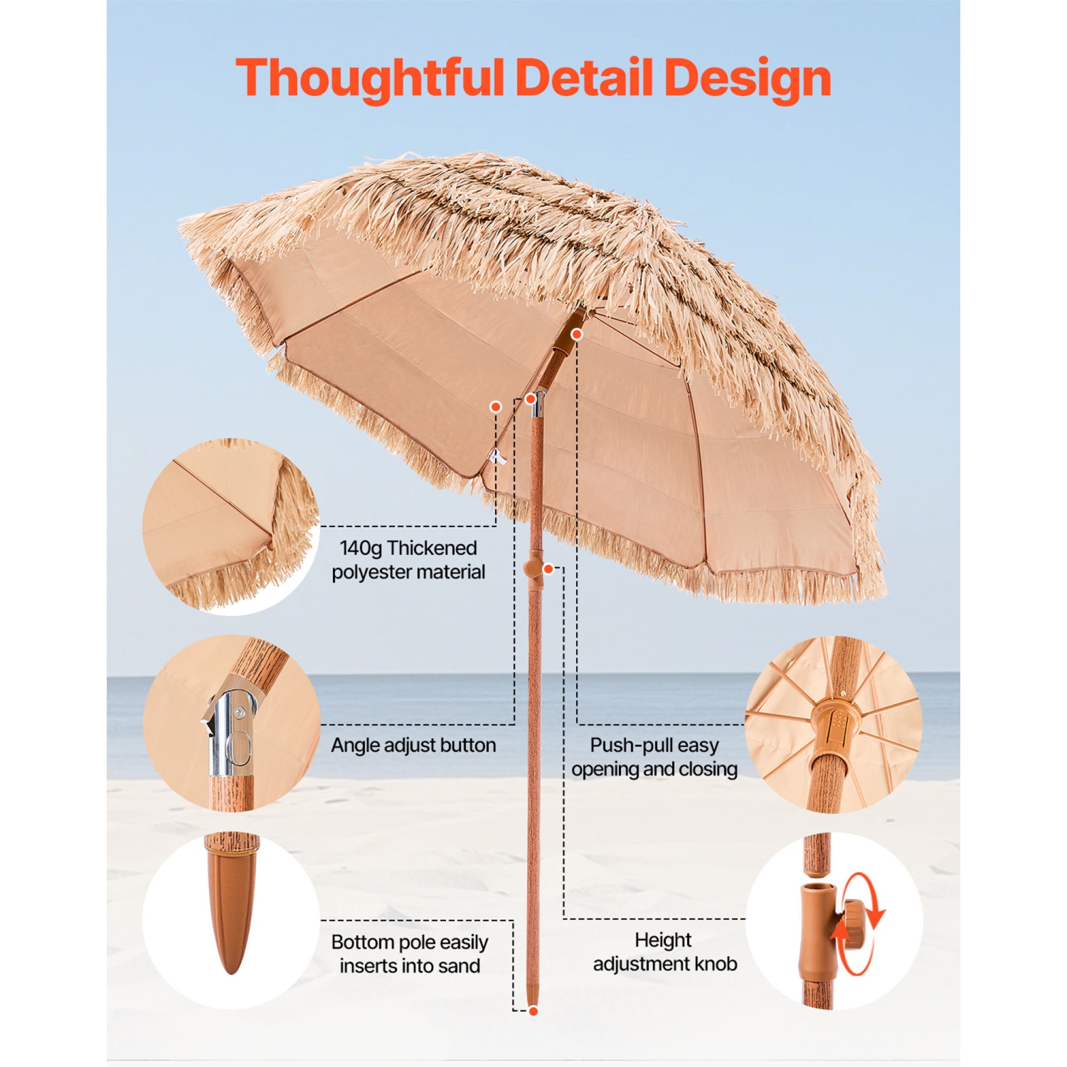 VEVOR 6 ft Tiki Umbrella, Thatched Patio Umbrella with Tilt, Hawaiian Style Beach Parasol with Durable PP Thatch and 8 Metal Ribs, Grass Pool