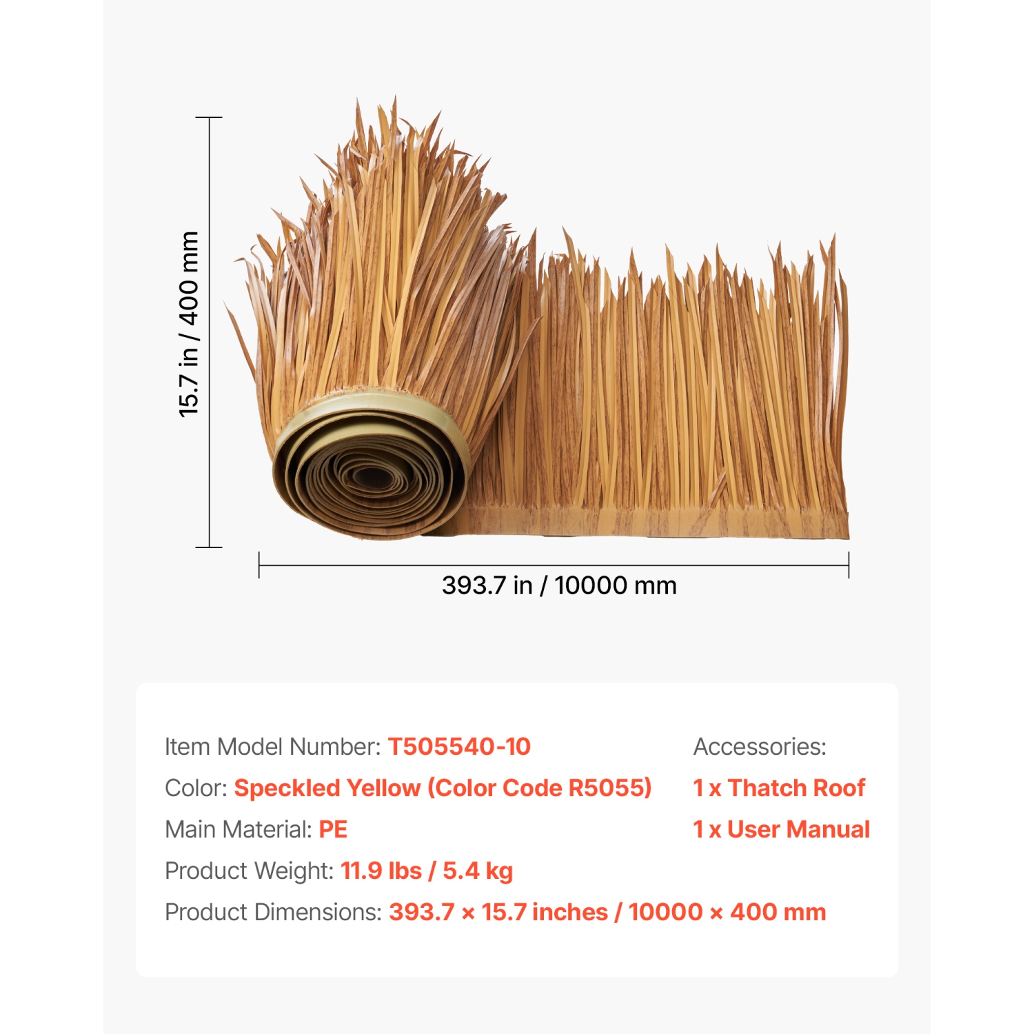 VEVOR 1.3 x 32.8 ft Artificial Thatch Grass Roof, Mexican Style Tiki Bar Hut Skirt Thatch Roofing Roll, Waterproof & Fire-Resistant, Palapa Duck