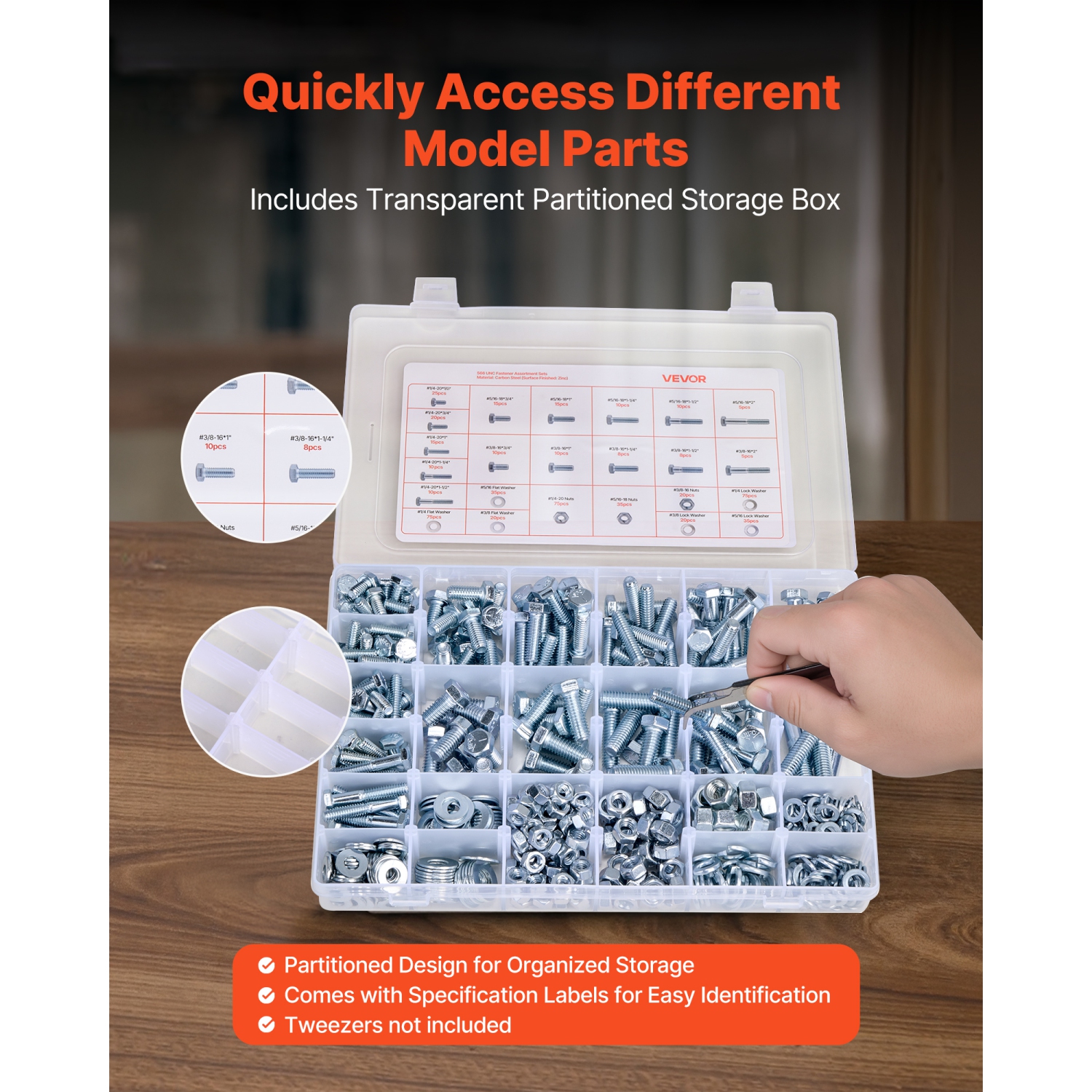 Assortiment de boulons et d'écrous VEVOR, 566 pièces, vis mécaniques impériales et rondelles plates, 1/4-20, 5/16-18, 3/8-16, pour assemblage de