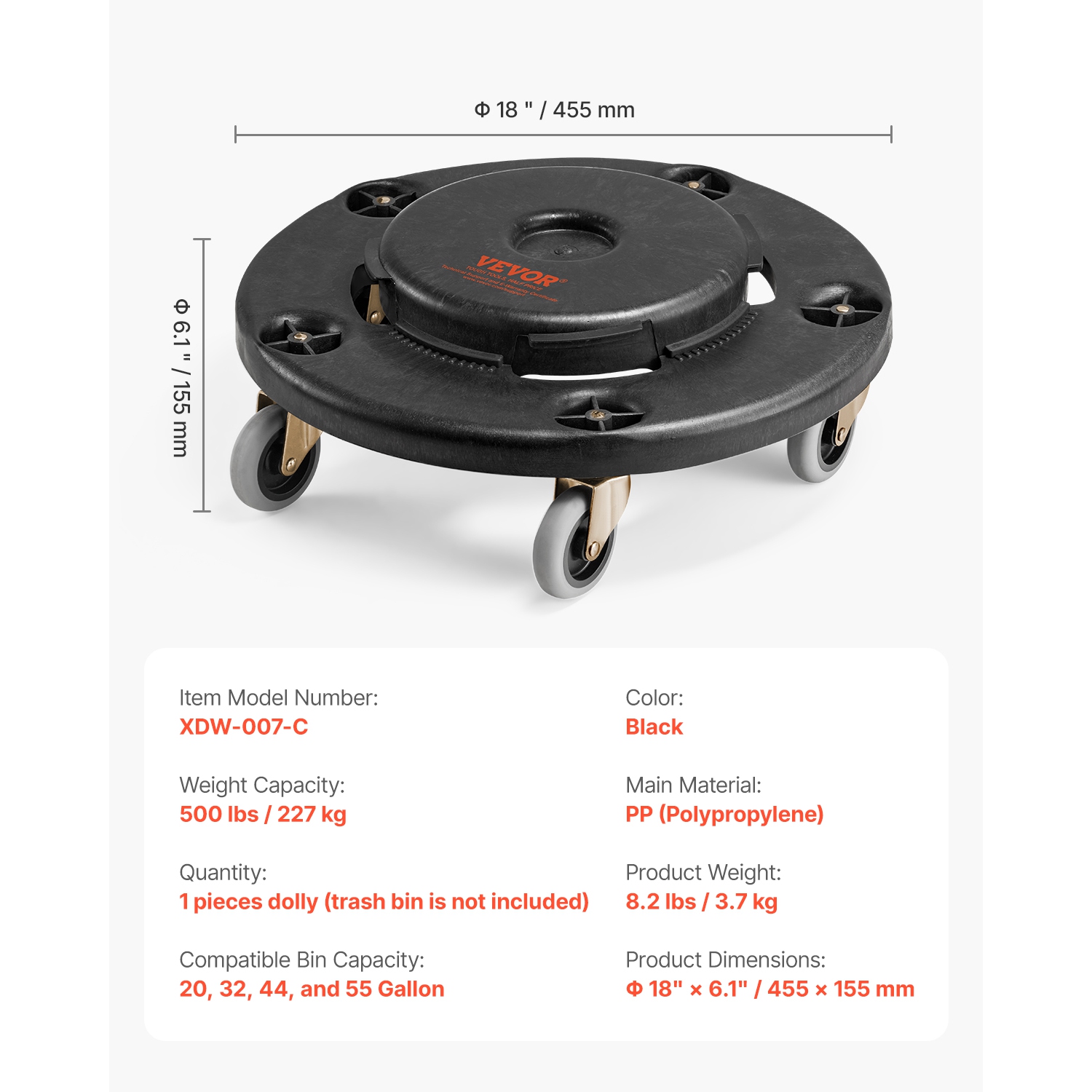 Chariot à poubelle VEVOR 500 lb, capacité de 20, 32, 44 et 55 gallons Base roulante ronde pour poubelle avec 4 roulettes verrouillables, diable