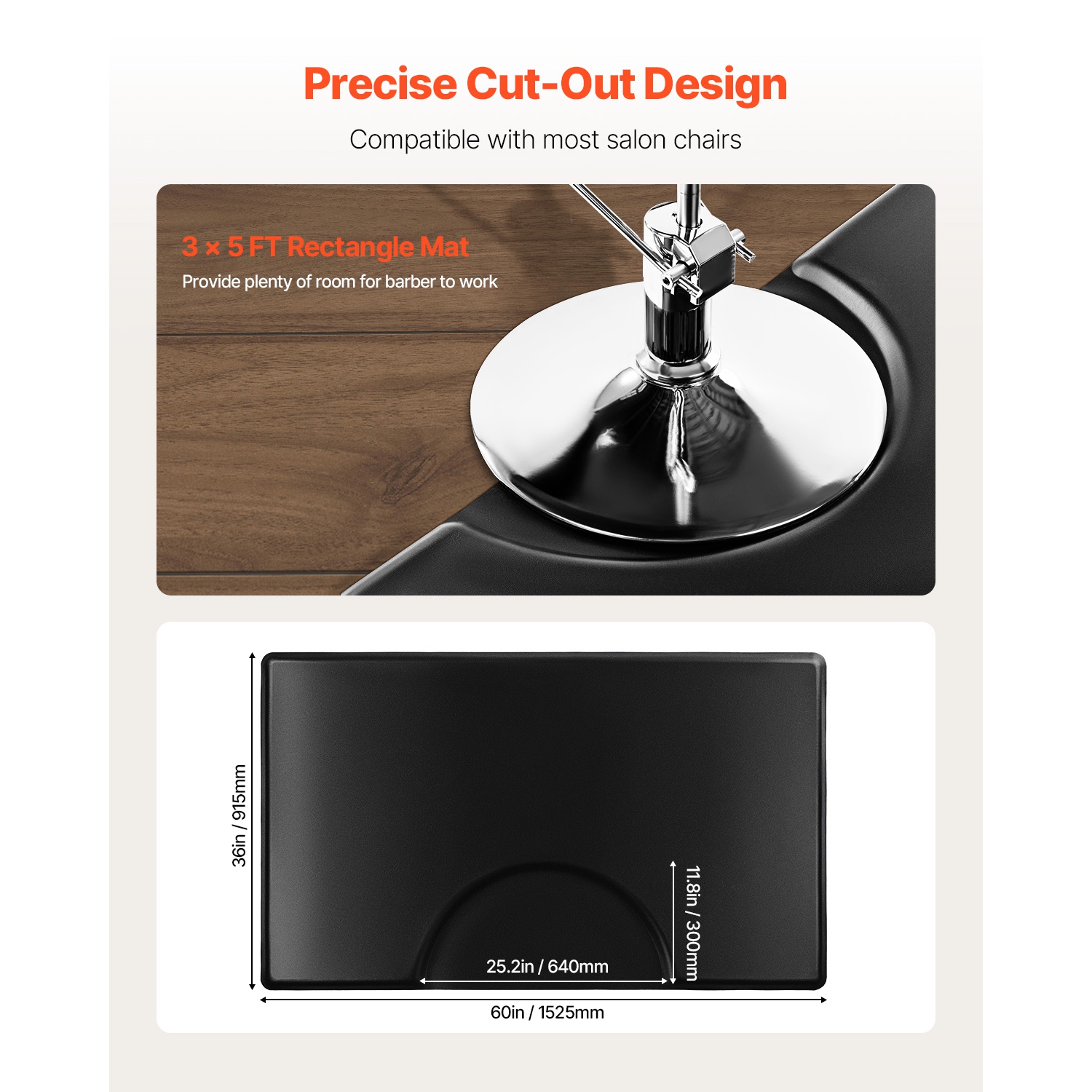 VEVOR 3 x 5 FT Salon Mat for Hair Stylist, Rectangle Salon Chair Mat Anti Fatigue, 7/8" Thickened PVC + PU Barber Shop Floor Mat, Anti-Trip Beveled