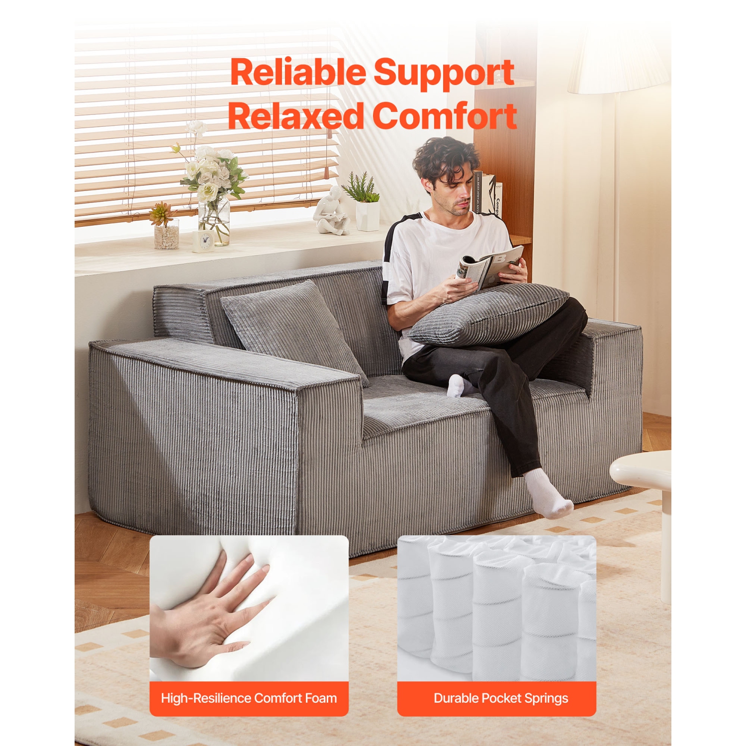 VEVOR 63-Inch Loveseat Sofa, 2-Seats Couch for Living Room, Modern Small Corduroy Couch with Pocket Springs, Soft Cushions, Comfy Loveseat for