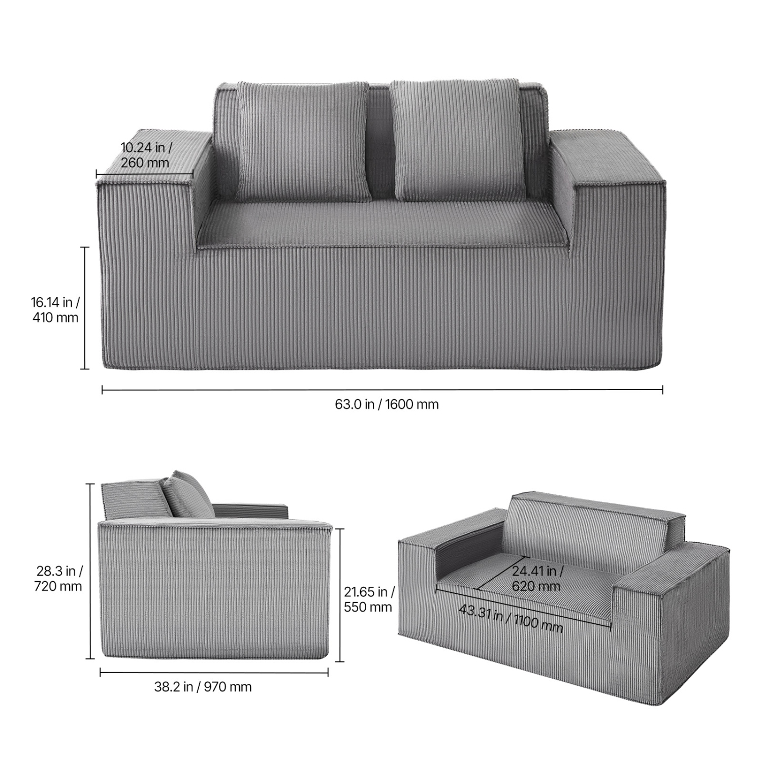 VEVOR 63-Inch Loveseat Sofa, 2-Seats Couch for Living Room, Modern Small Corduroy Couch with Pocket Springs, Soft Cushions, Comfy Loveseat for