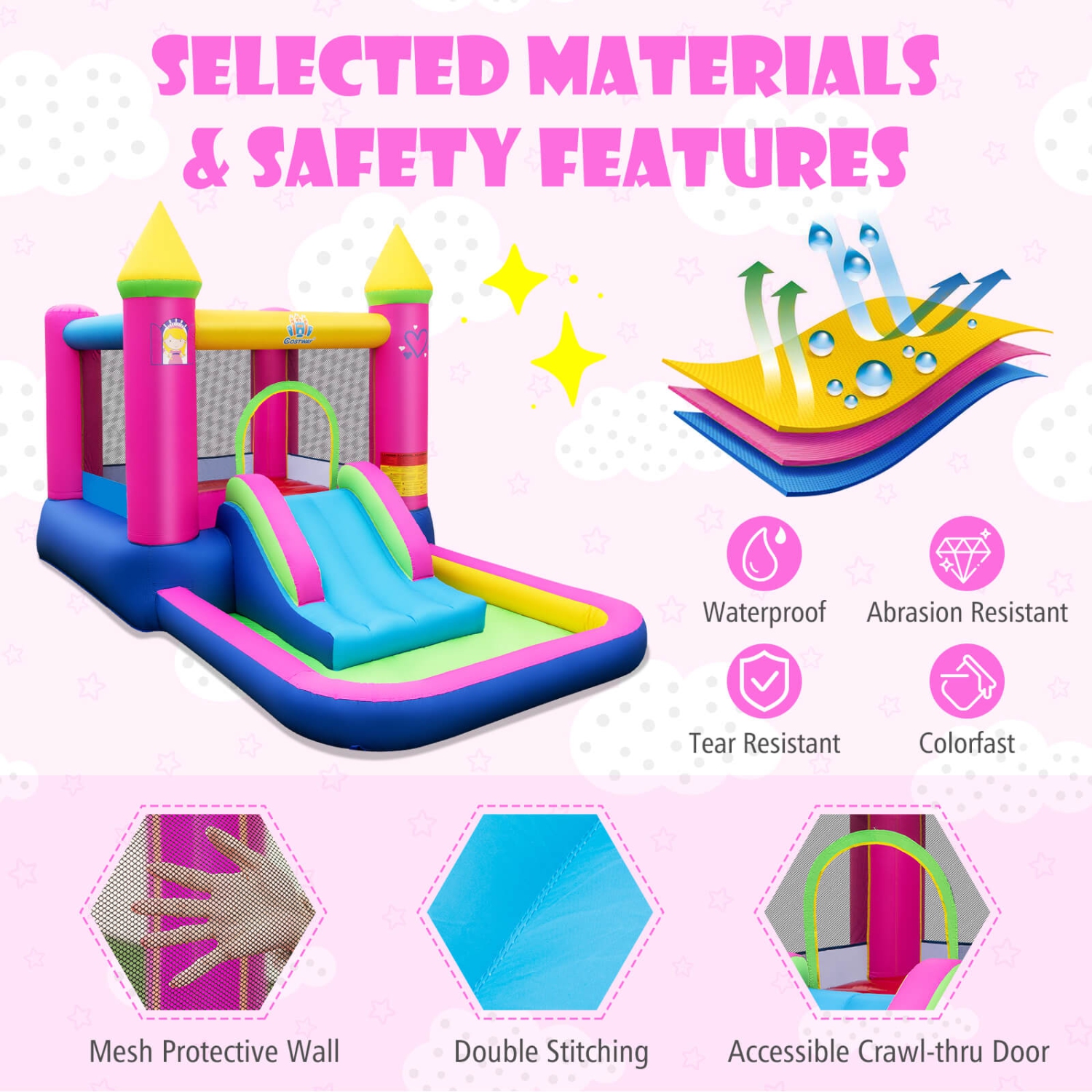 Siège sauteur 4-en-1 sur le thème des princesses de Costway avec panier de basketball coulissant et souffleur 480&nbsp;W