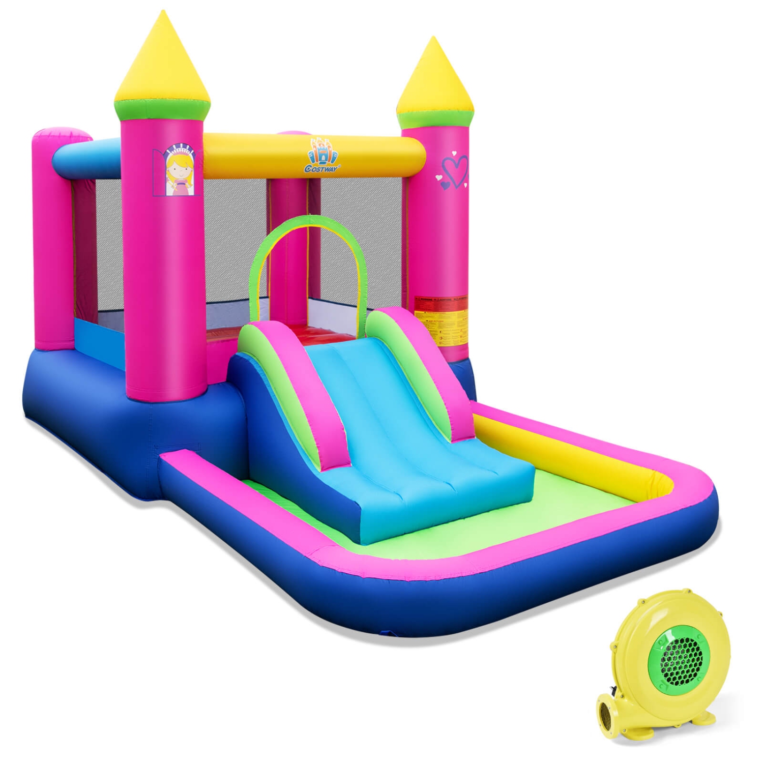 Siège sauteur 4-en-1 sur le thème des princesses de Costway avec panier de basketball coulissant et souffleur 480&nbsp;W