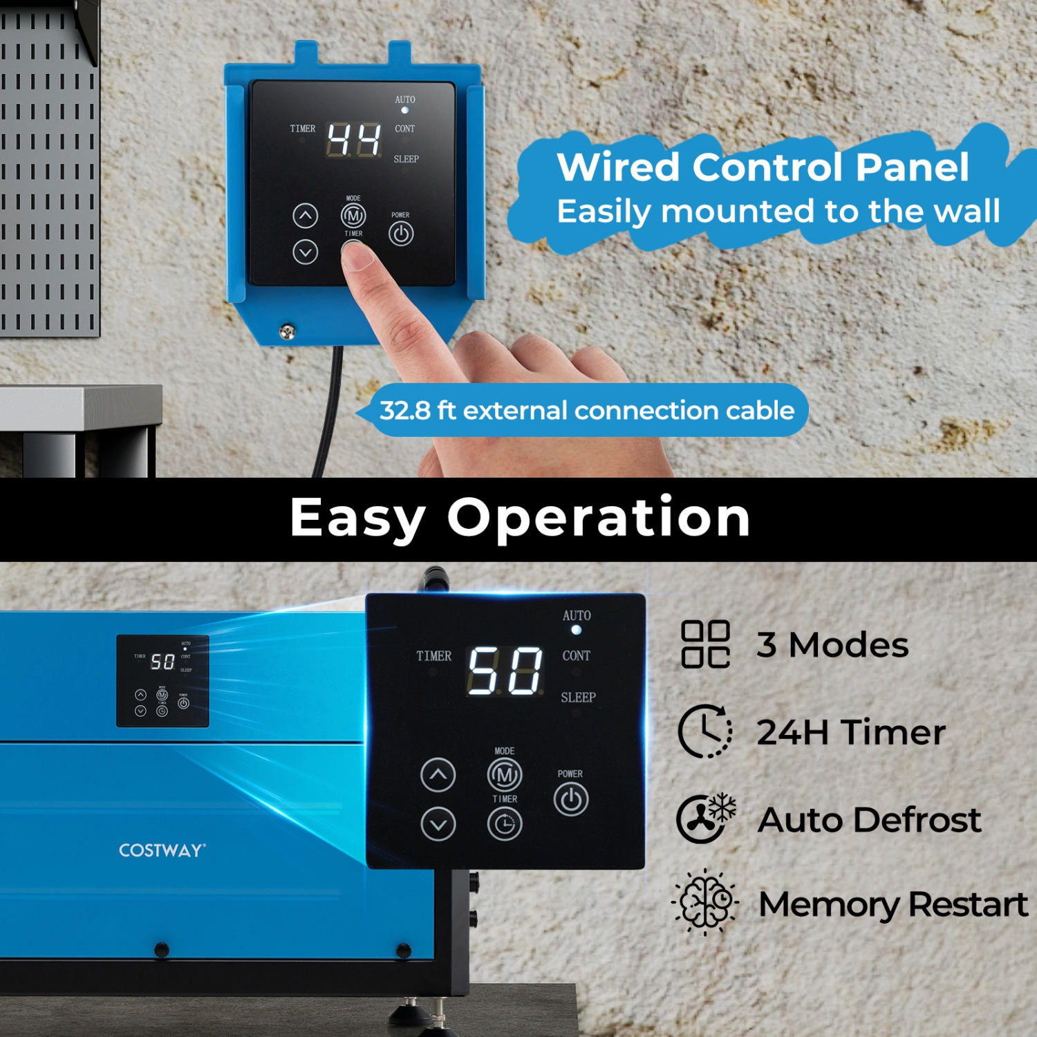 Costway 155/192 Pint Crawl Space Dehumidifier Commercial Dehumidifier with 3 Modes & 24H Timer Blue/White