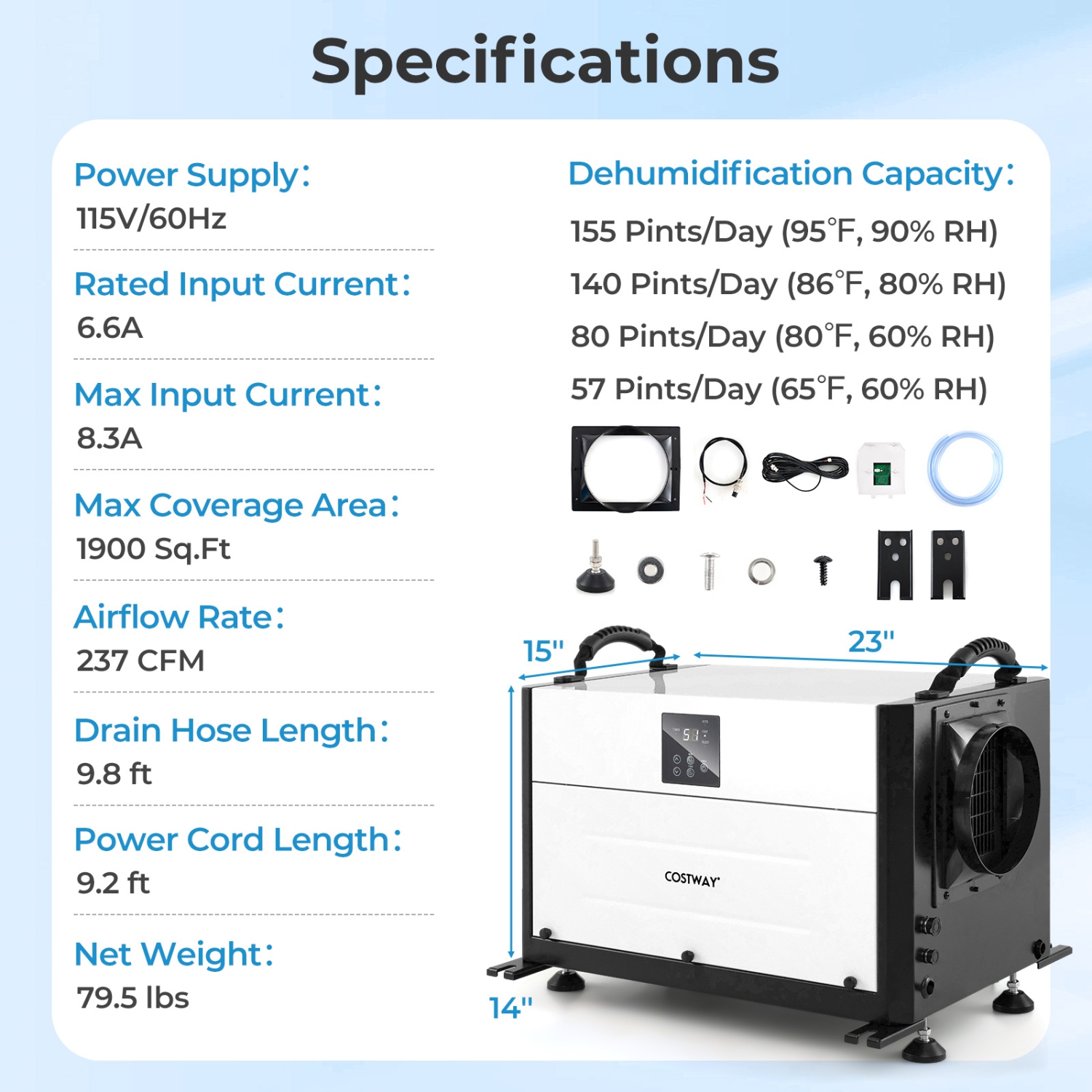Costway 155/192 Pint Crawl Space Dehumidifier Commercial Dehumidifier with 3 Modes & 24H Timer Blue/White