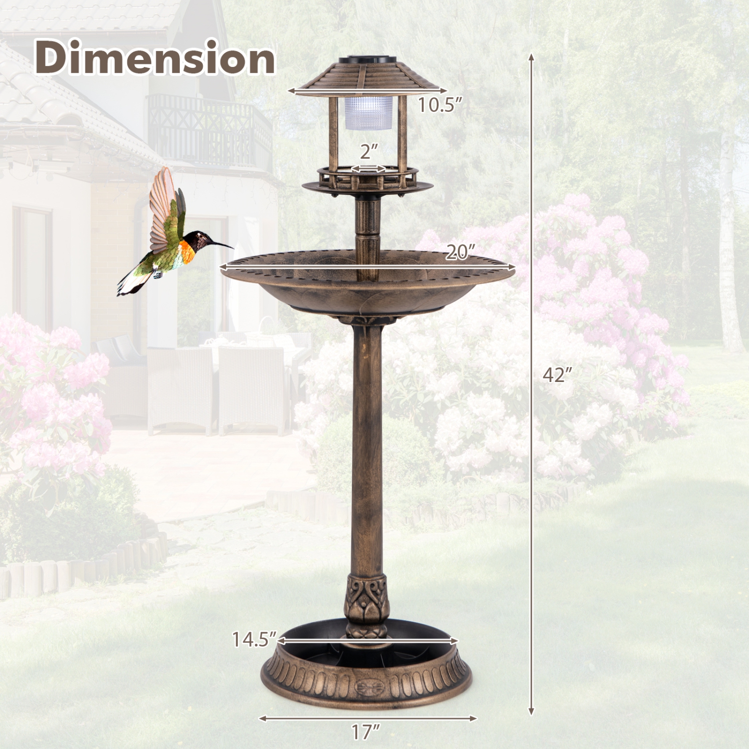 Bain d'oiseaux sur pied 3-en-1 de Costway avec lampe solaire, mangeoire d'oiseaux et jardinière de fleurs bronze antique/bronze