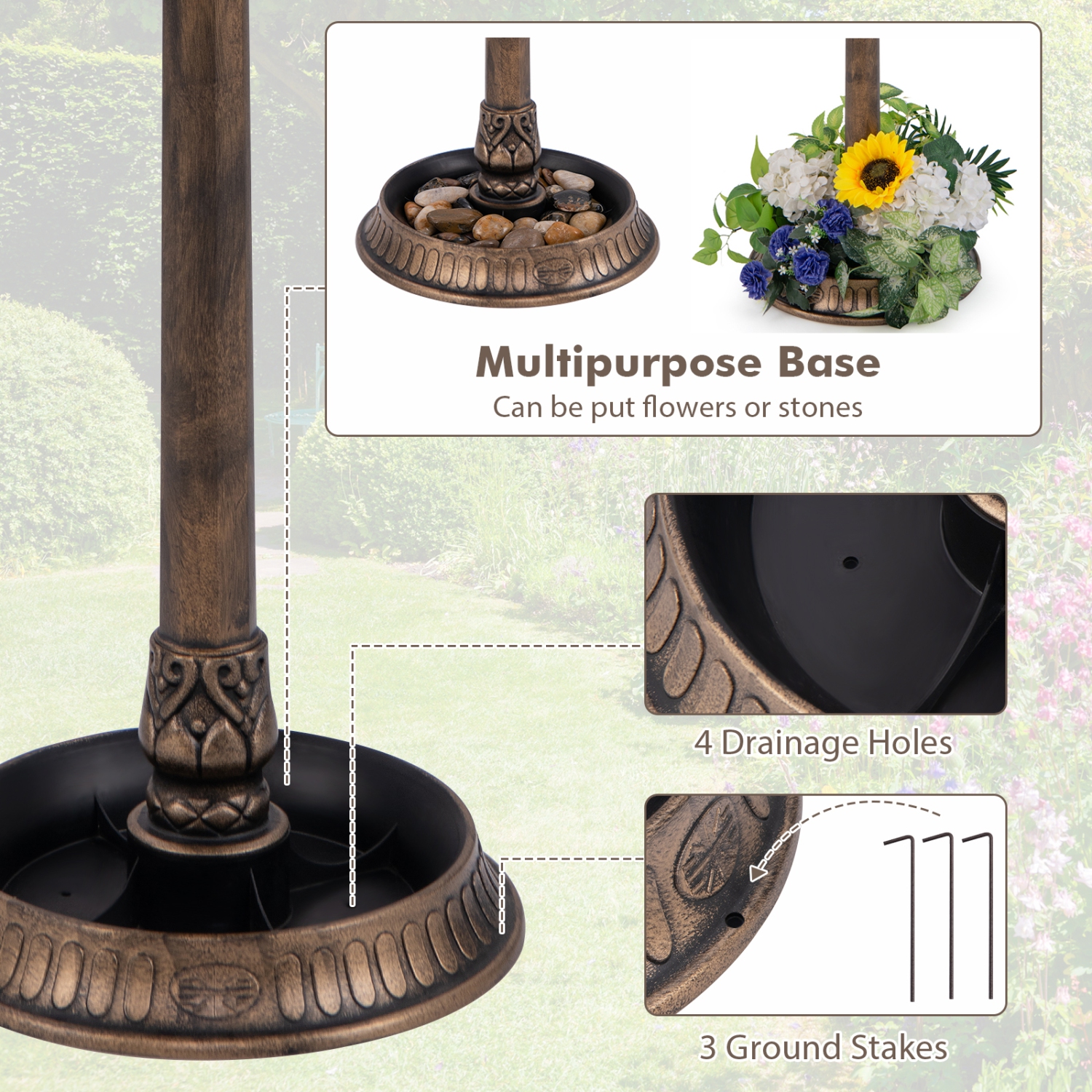 Bain d'oiseaux sur pied 3-en-1 de Costway avec lampe solaire, mangeoire d'oiseaux et jardinière de fleurs bronze antique/bronze