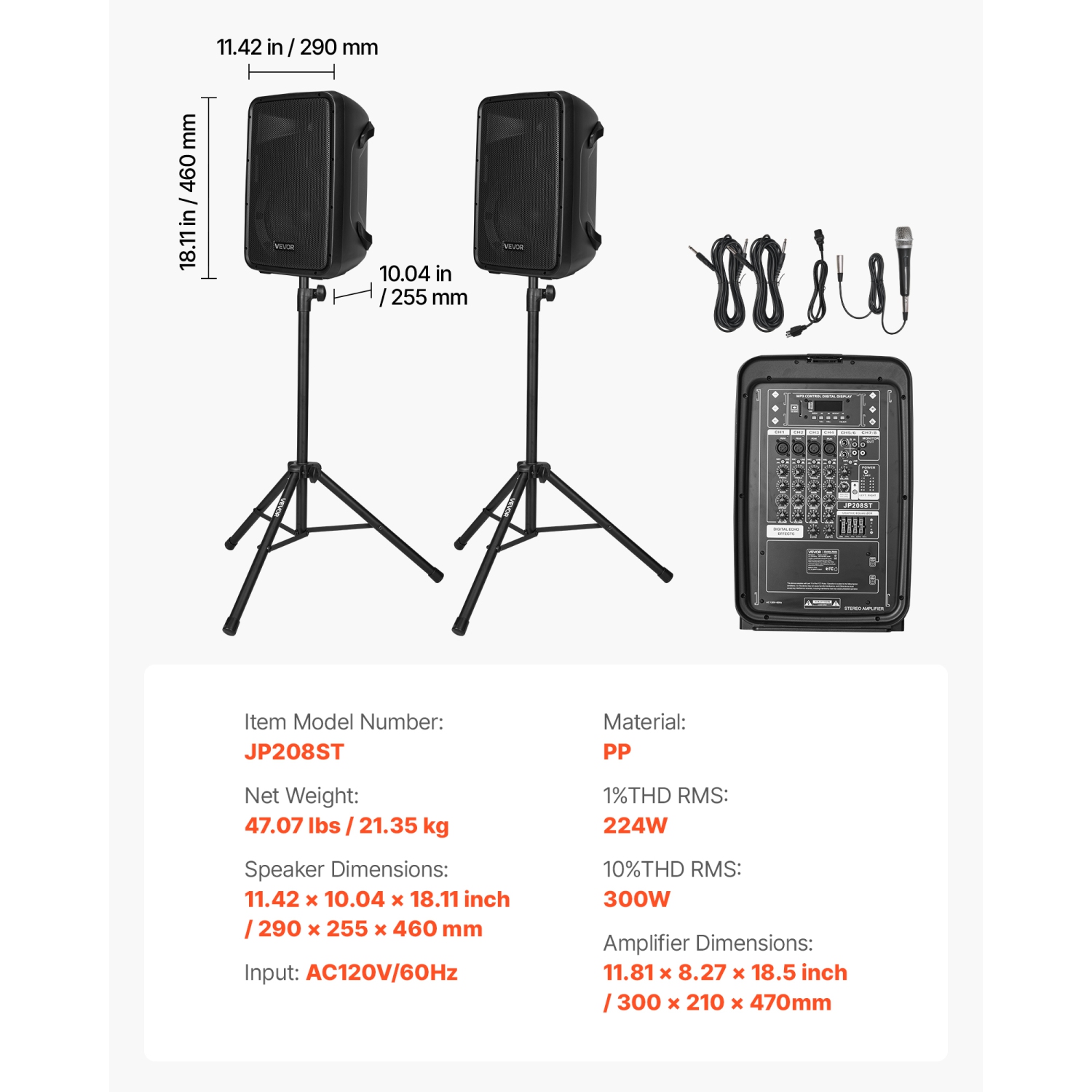 VEVOR 300W Portable PA System, Sound System Set with 8 Channel Mixer, Dual Speakers, Wireless Bluetooth, Microphone, Compact Stands, USB SD XLR RCA