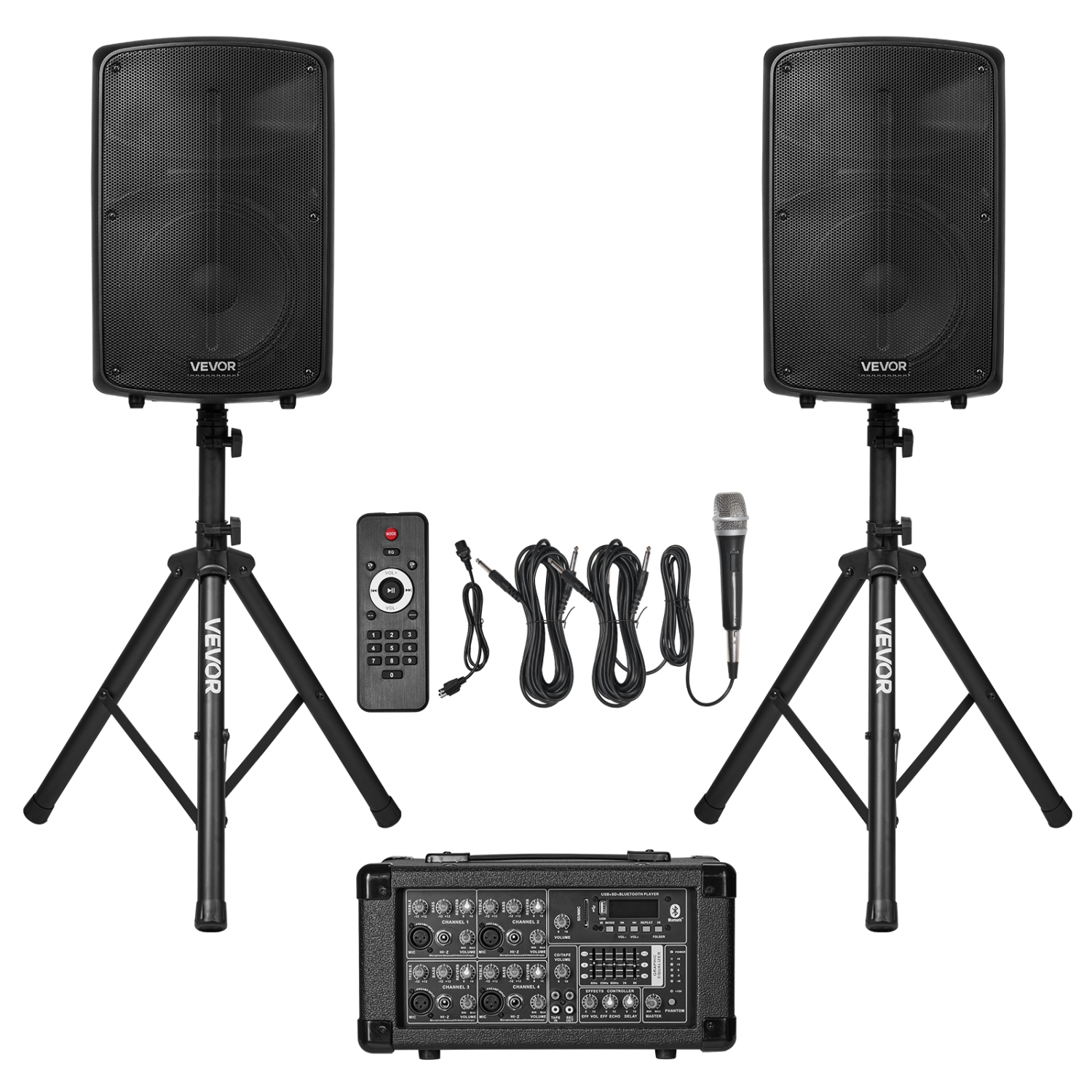 VEVOR 800W Professional PA System, Sound System Set with 6 Channel Mixer, Dual Speakers, Wireless Bluetooth, Microphone, Compact Stands, USB SD XLR