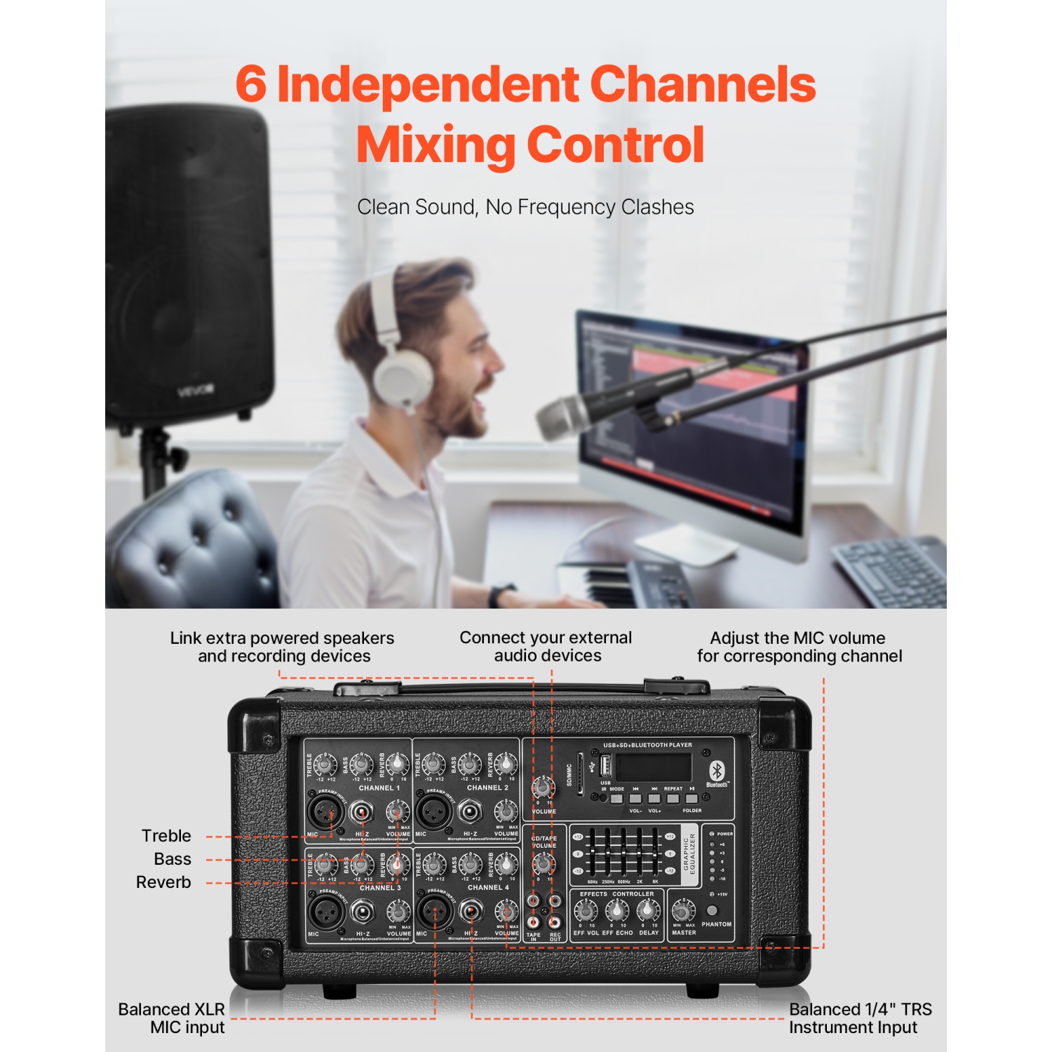 VEVOR 800W Professional PA System, Sound System Set with 6 Channel Mixer, Dual Speakers, Wireless Bluetooth, Microphone, Compact Stands, USB SD XLR