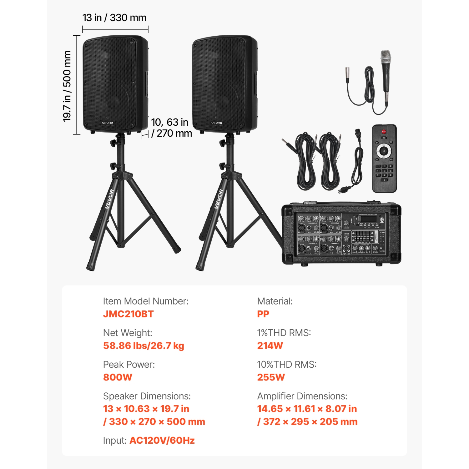 VEVOR 800W Professional PA System, Sound System Set with 6 Channel Mixer, Dual Speakers, Wireless Bluetooth, Microphone, Compact Stands, USB SD XLR