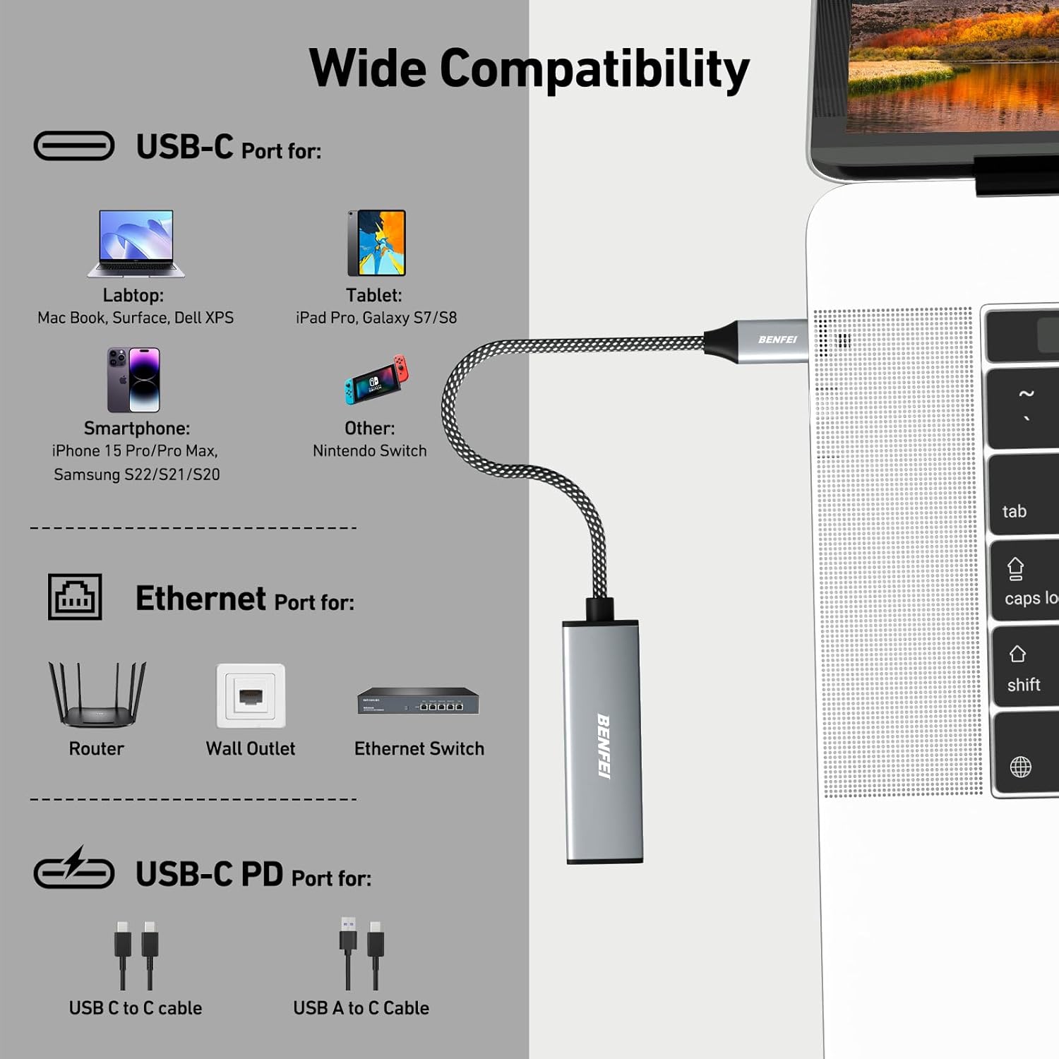 Adaptateur USB-C à Ethernet BENFEI, Gigabit, avec 100 W Power Delivery, compatible Thunderbolt 3/4