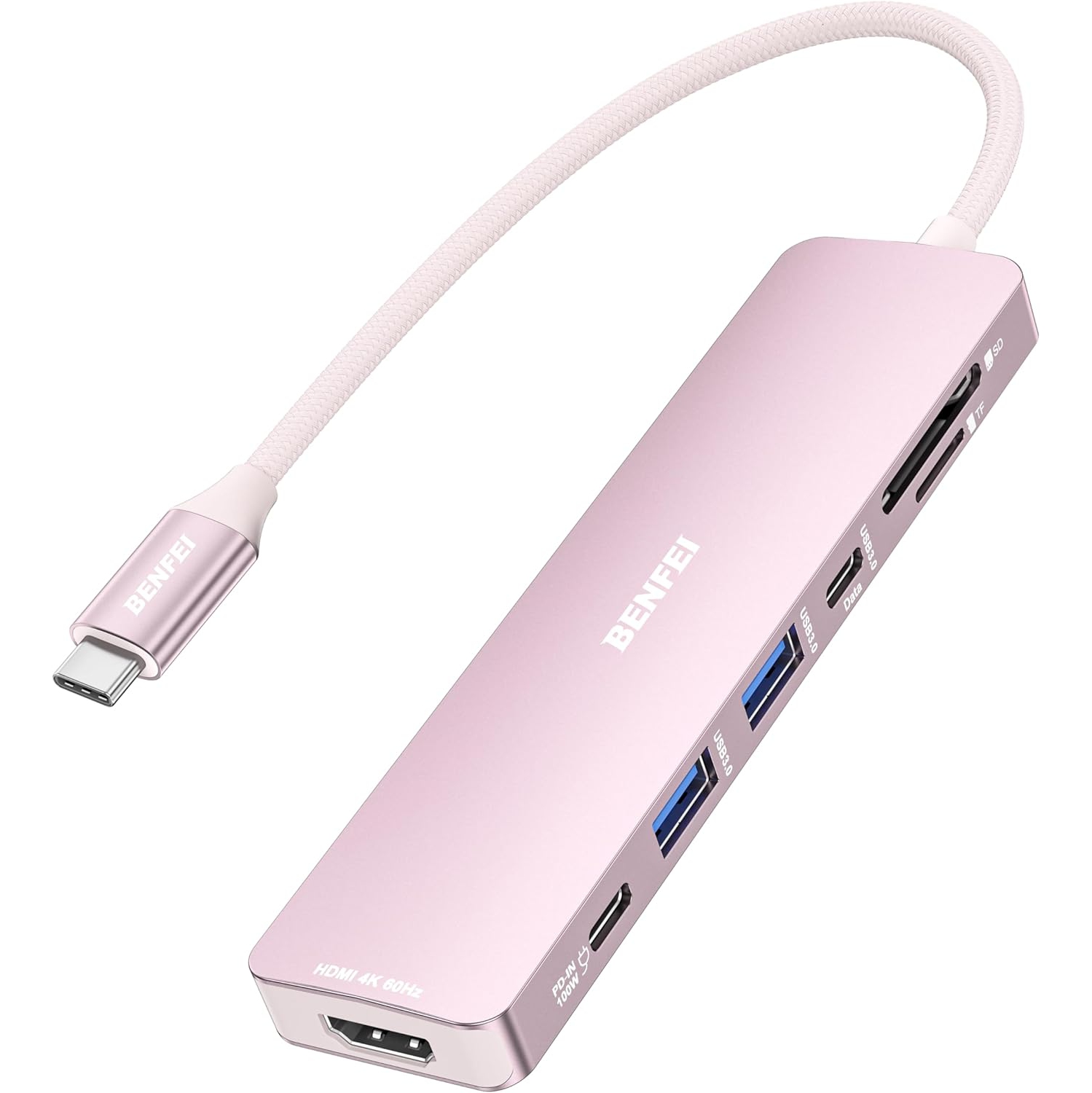 BENFEI 7-in-1 USB C Hub, HDMI 4K@60Hz, 2xUSB-A, USB-C Data, 100W PD, SD/TF Reader, Pink
