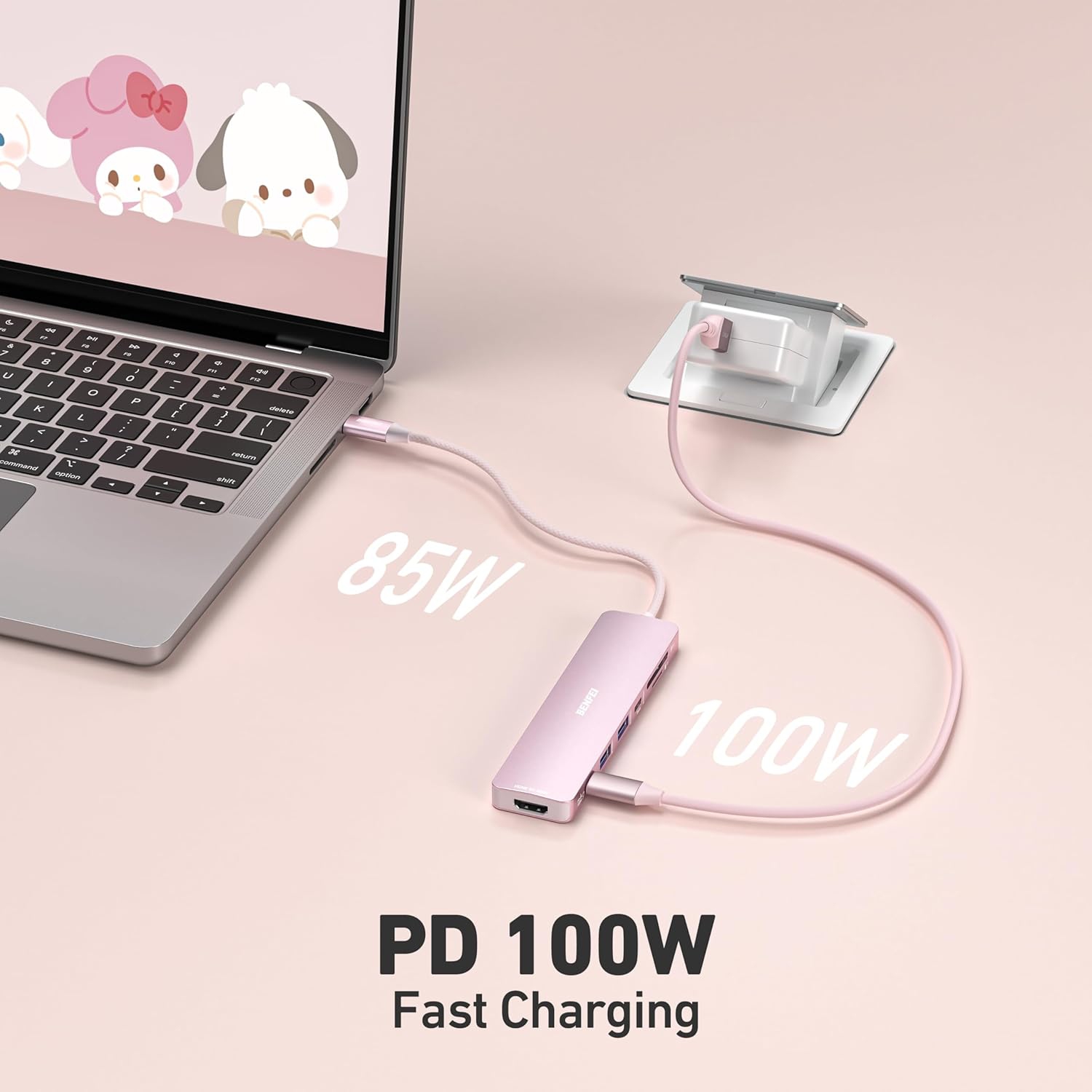 BENFEI 7-in-1 USB C Hub, HDMI 4K@60Hz, 2xUSB-A, USB-C Data, 100W PD, SD/TF Reader, Pink