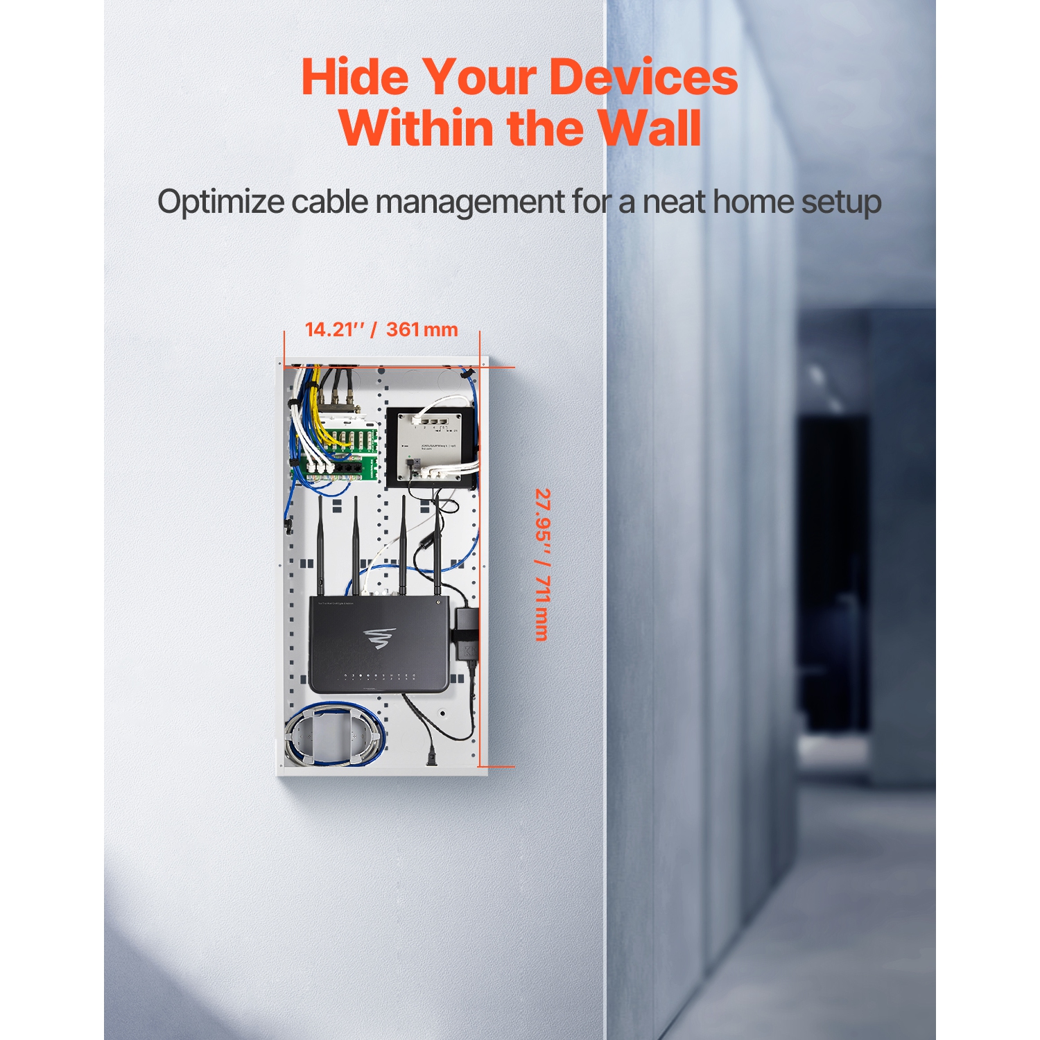 Boîtier multimédia structuré VEVOR de 28&nbsp;po, boîtier multimédia encastré avec couvercle, trousse de gestion de câbles mural, armoire multimédia