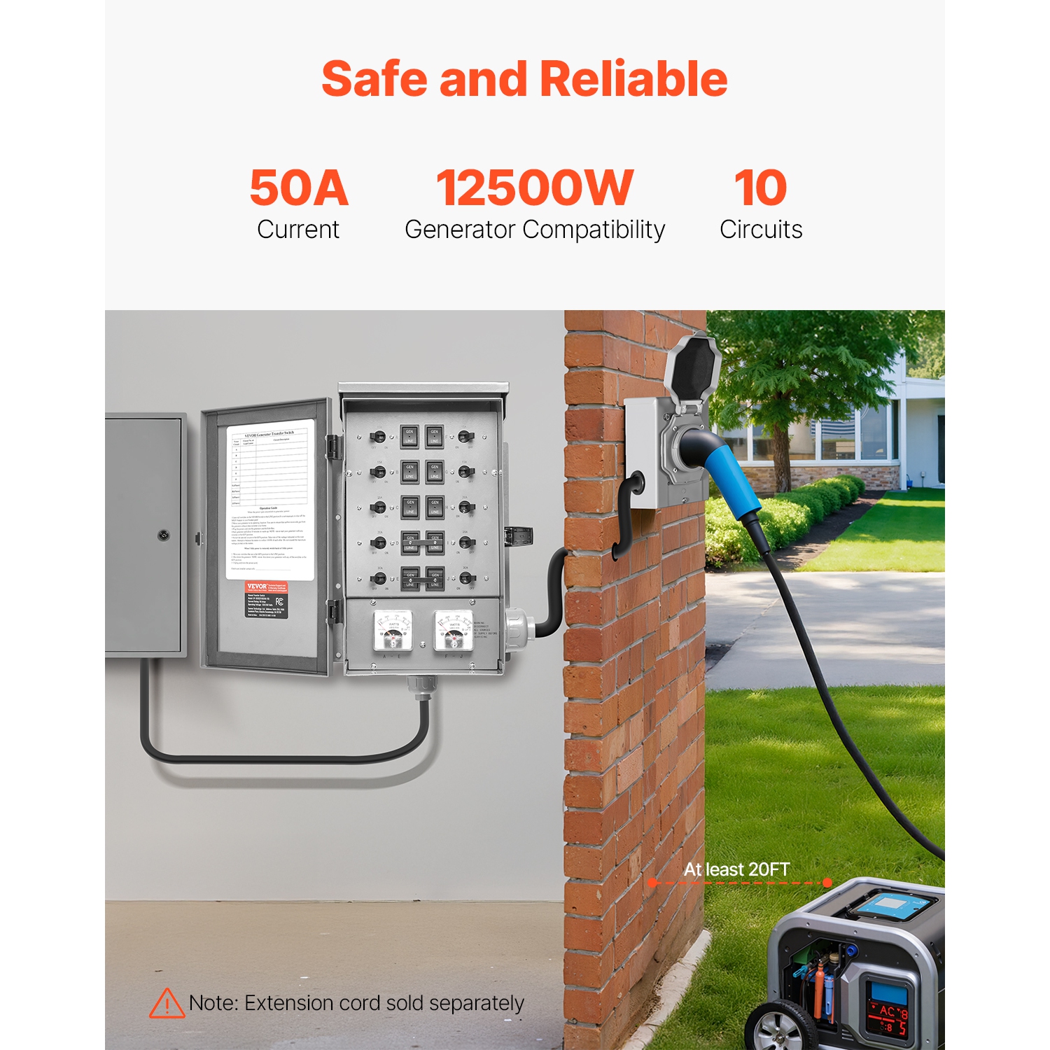 VEVOR 50-Amp Manual Transfer Switch, 10-Circuit, Prewired Generator Transfer Switch Kit with CS6375 Plug Power Inlet Box, Double-Throw Switch, NEMA