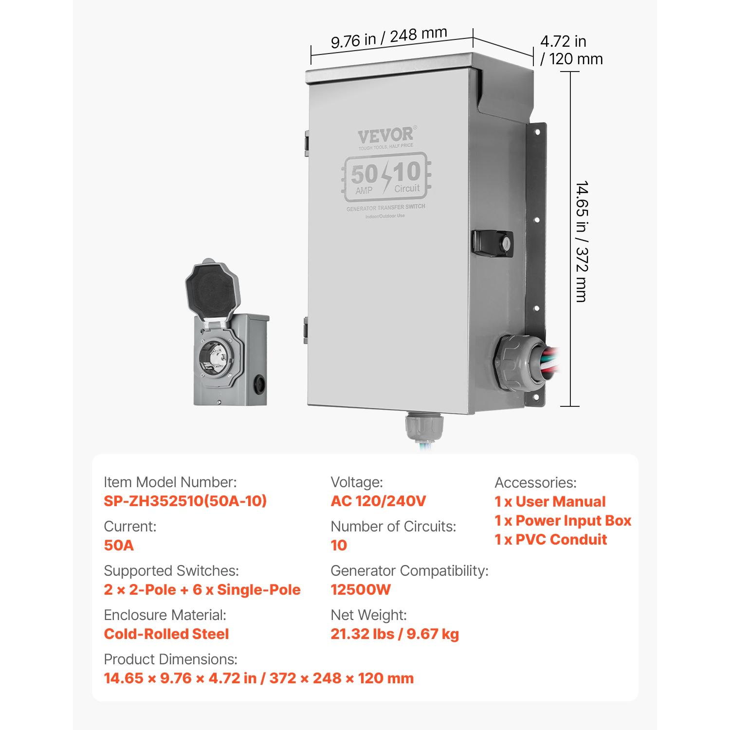 VEVOR 50-Amp Manual Transfer Switch, 10-Circuit, Prewired Generator Transfer Switch Kit with CS6375 Plug Power Inlet Box, Double-Throw Switch, NEMA