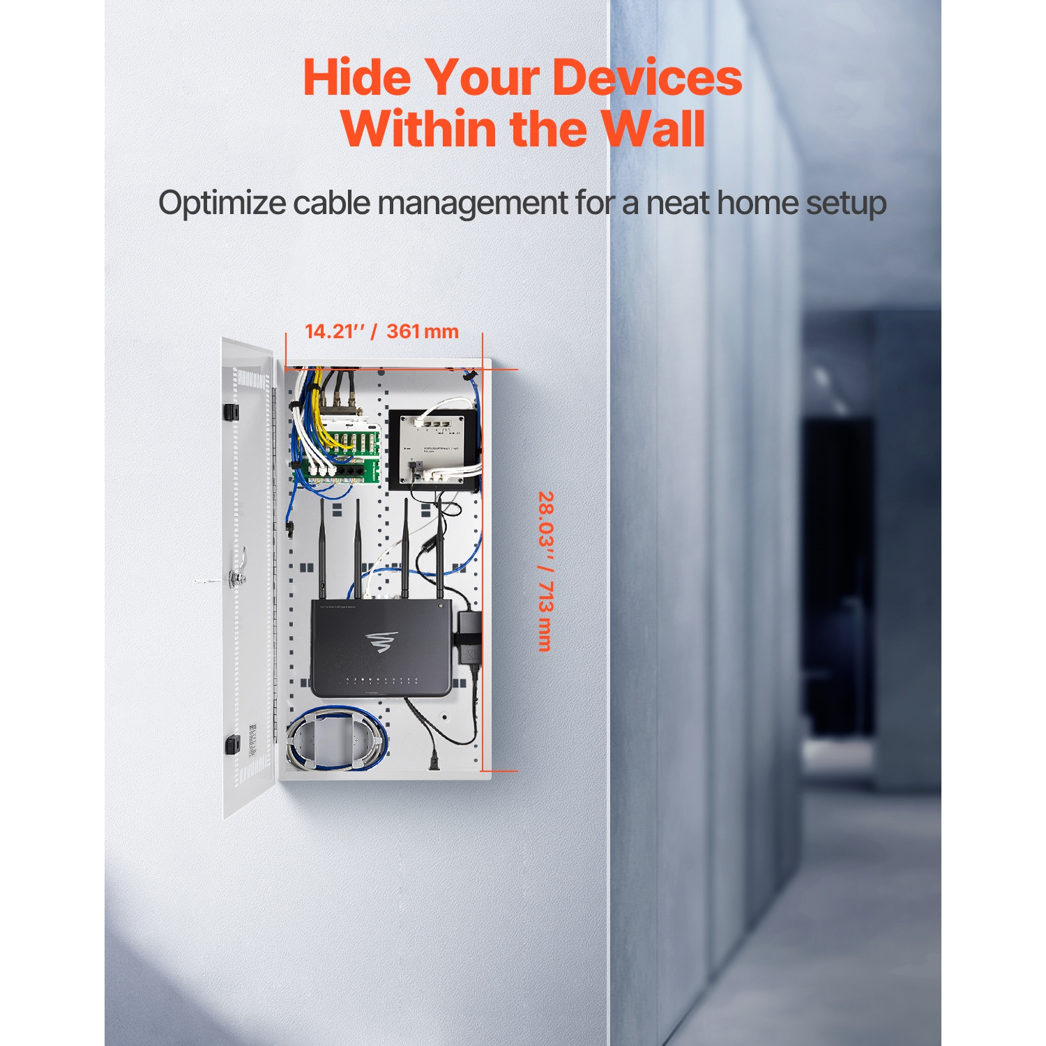 VEVOR 28-Inch Media Enclosure, Structured Media Center with Vented Hinged Door, Cable Management Box, Structured Wiring Multi-Media Cabinet, Recessed