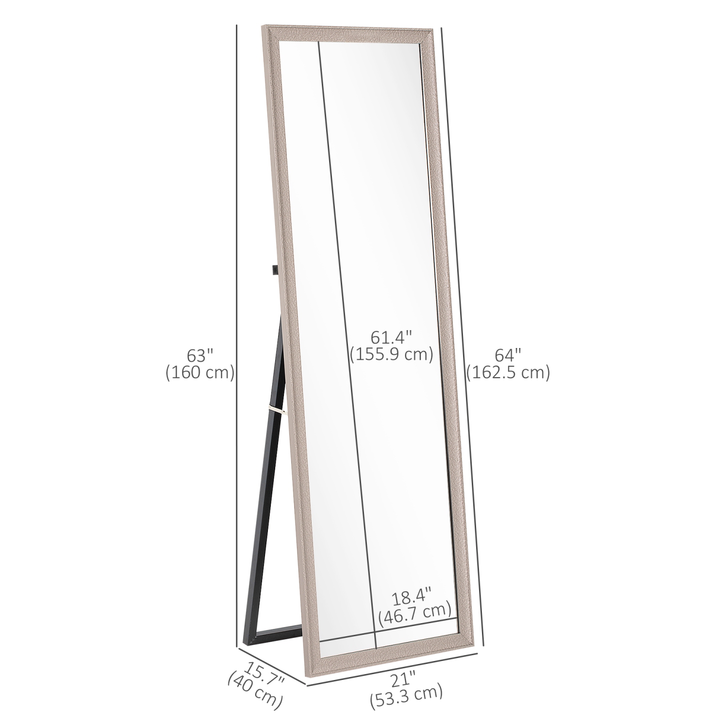 HOMCOM – Miroir pleine longueur de 64 x 21&nbsp;po, autoportant, fixé au mur ou penché contre un mur, miroir rectangulaire complet avec cadre pour