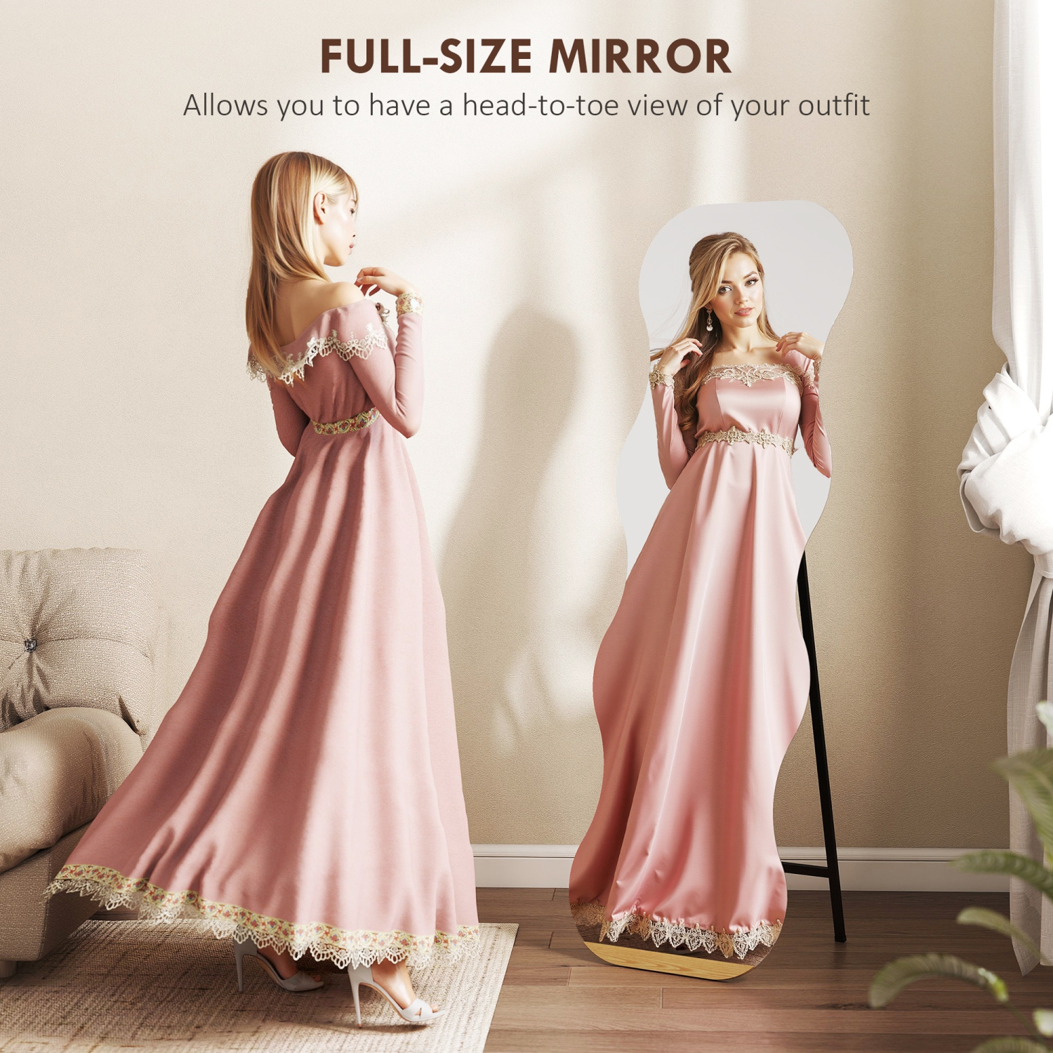 HOMCOM – Miroir pleine longueur de 64 x 21 po, miroir sans cadre ondulé irrégulier avec base en pin pour chambre, salon, plancher debout ou