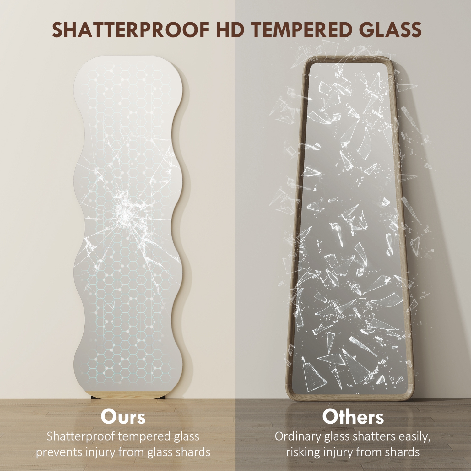 HOMCOM – Miroir pleine longueur de 64 x 21 po, miroir sans cadre ondulé irrégulier avec base en pin pour chambre, salon, plancher debout ou