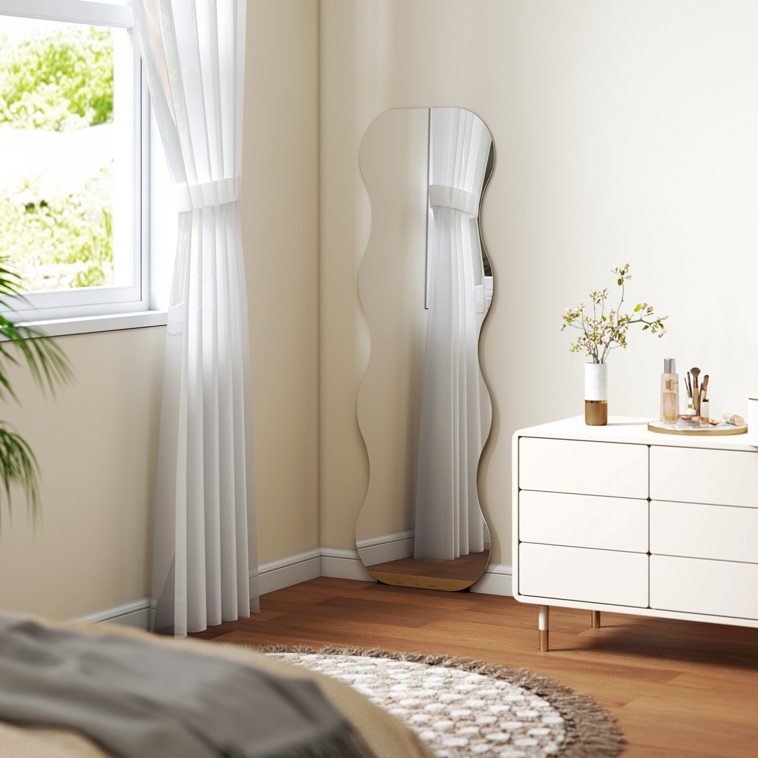 HOMCOM – Miroir pleine longueur de 64 x 21 po, miroir sans cadre ondulé irrégulier avec base en pin pour chambre, salon, plancher debout ou