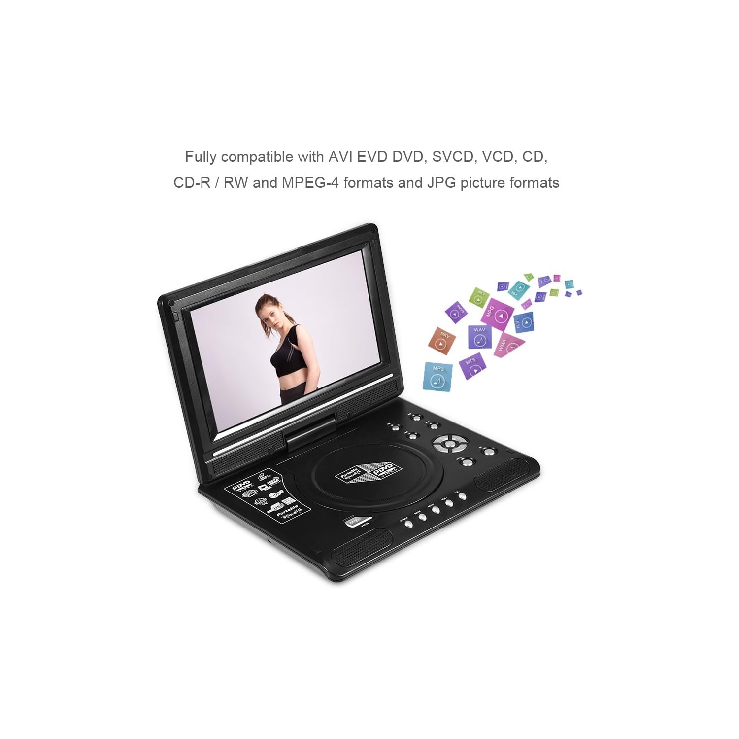 Lecteur DVD portatif, lecteur vidéo LCD de 9 pouces avec écran pivotant à 270°, résolution de 480×234, prend en charge la lecture SD/MMC/USB