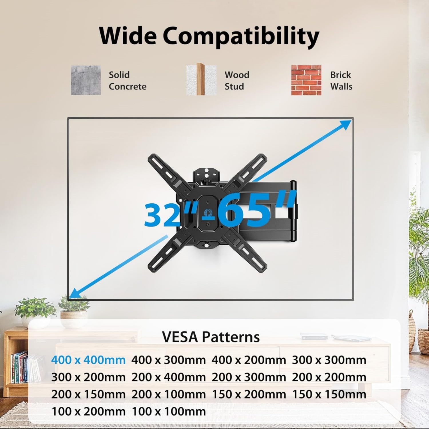 Full-Motion Long-Arm TV Wall Mount for 32-65 Inch TVs up to 110 lbs, Max VESA 400x400mm, 37.4” Long Extension Corner TV Mount, Swivel & Tilt,