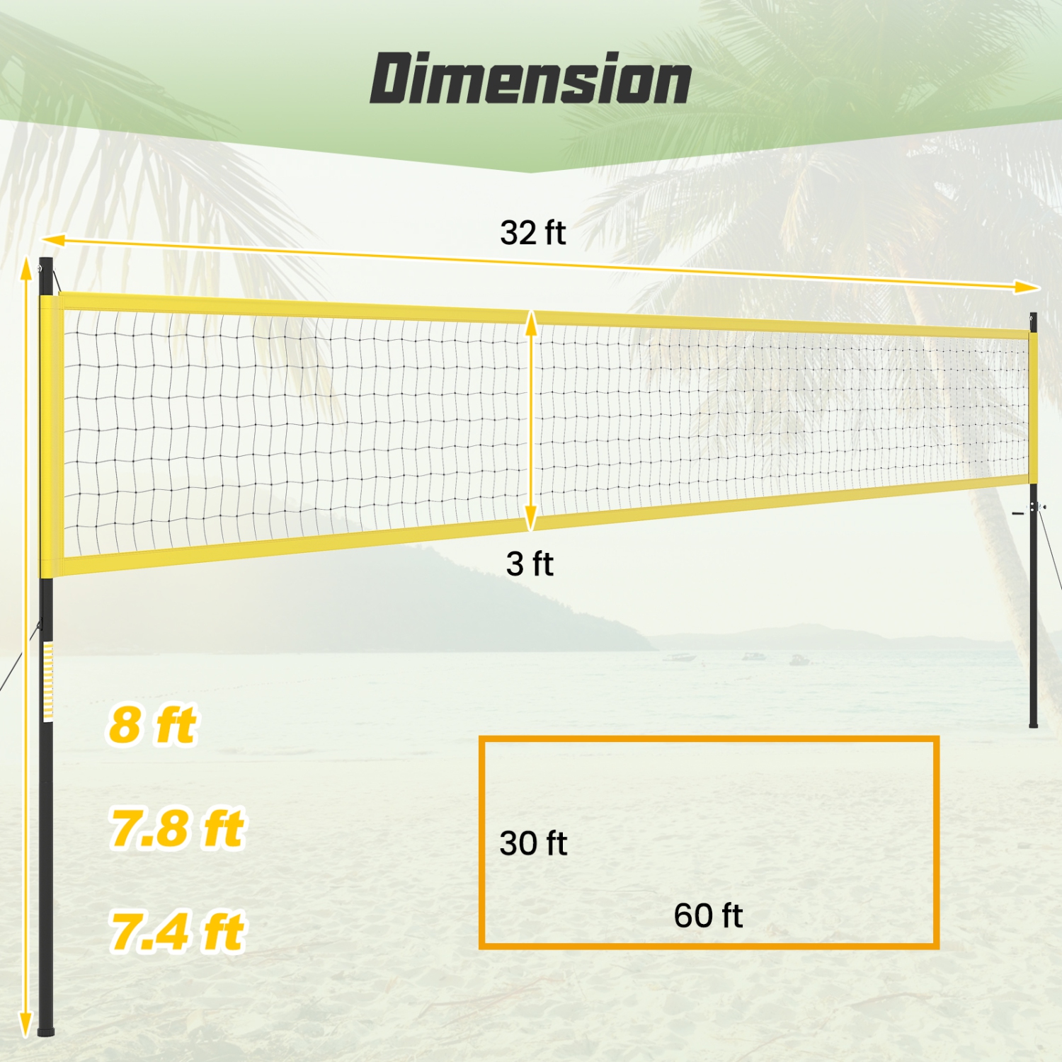 Gymax Portable Outdoor Volleyball Net Set Height Adjustable Poles Anti-Sag Yellow