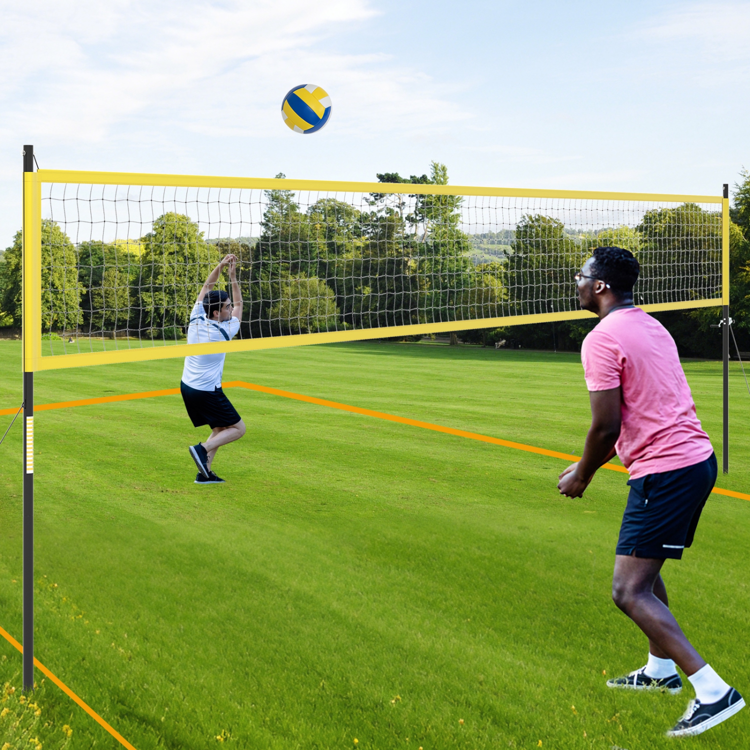 Gymax Portable Outdoor Volleyball Net Set Height Adjustable Poles Anti-Sag Yellow