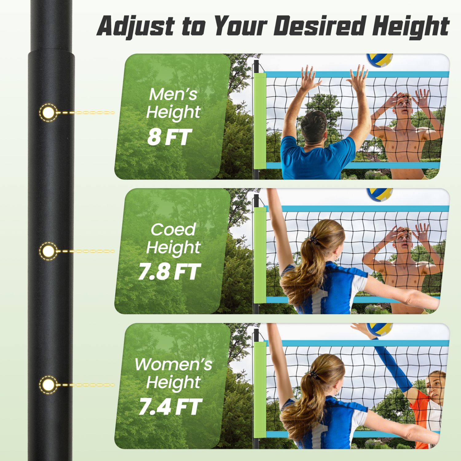 Gymax Portable Outdoor Volleyball Net Set Height Adjustable Poles Anti-Sag Green