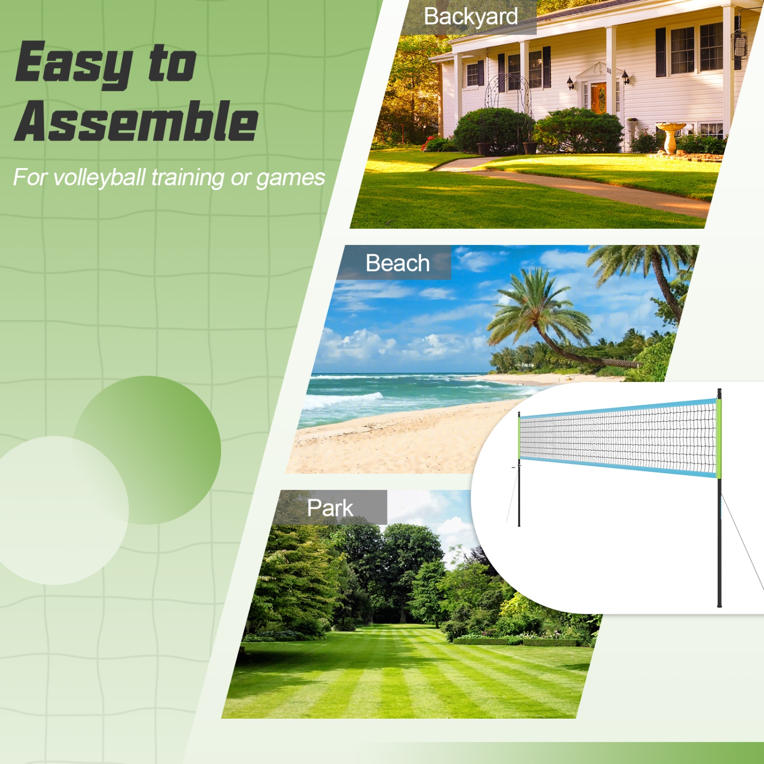 Gymax Portable Outdoor Volleyball Net Set Height Adjustable Poles Anti-Sag Green