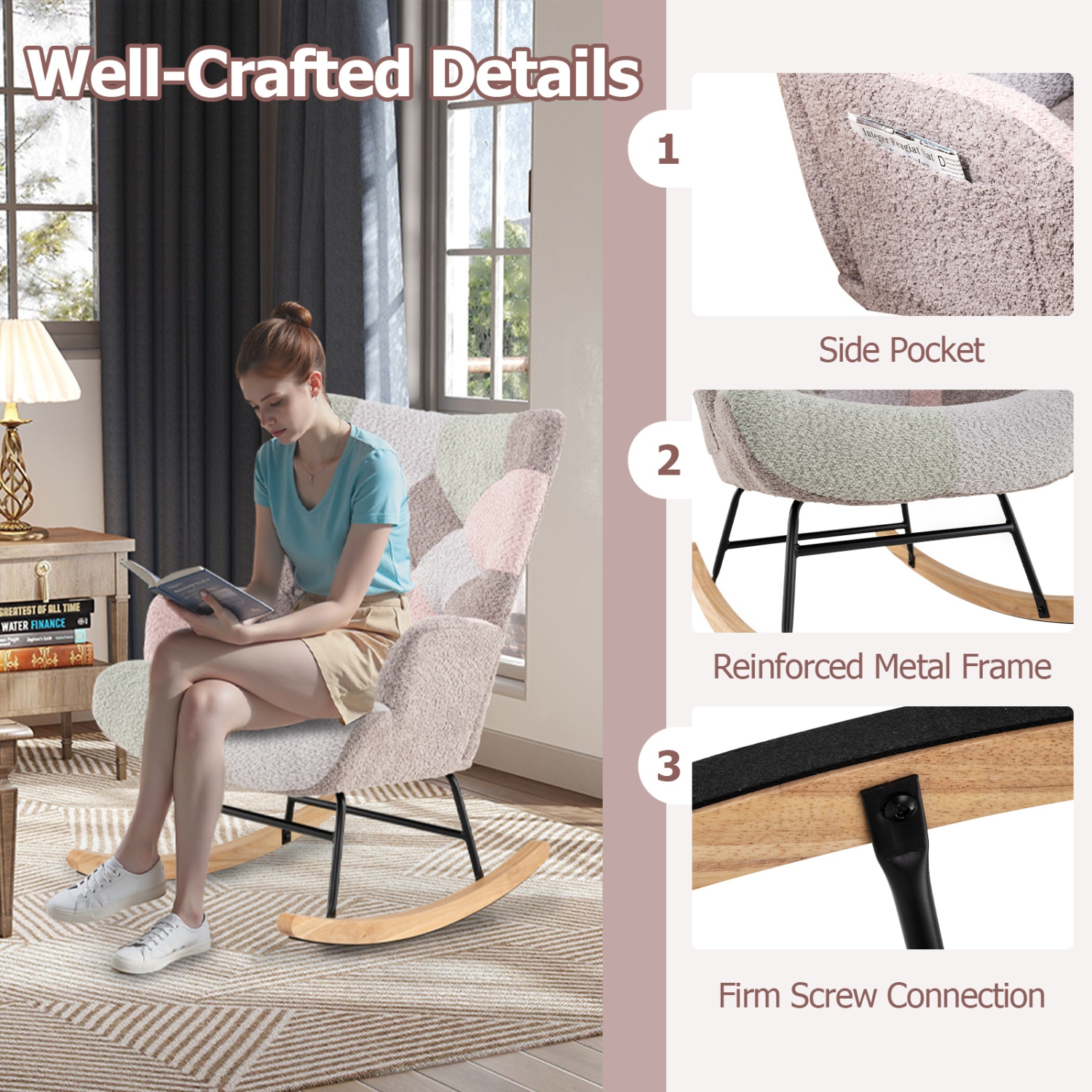 Gymax Nursery Rocking Chair Upholstered Boucle Fabric Nursing Armchair w/ Ergonomic Armrests