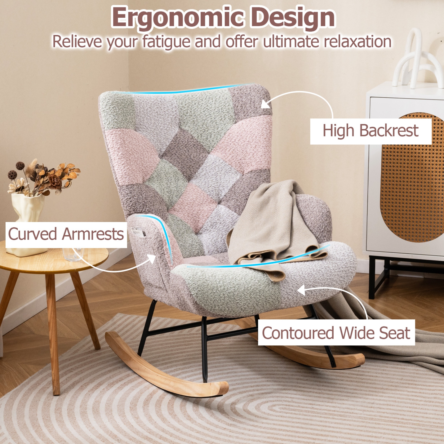Gymax Nursery Rocking Chair Upholstered Boucle Fabric Nursing Armchair w/ Ergonomic Armrests