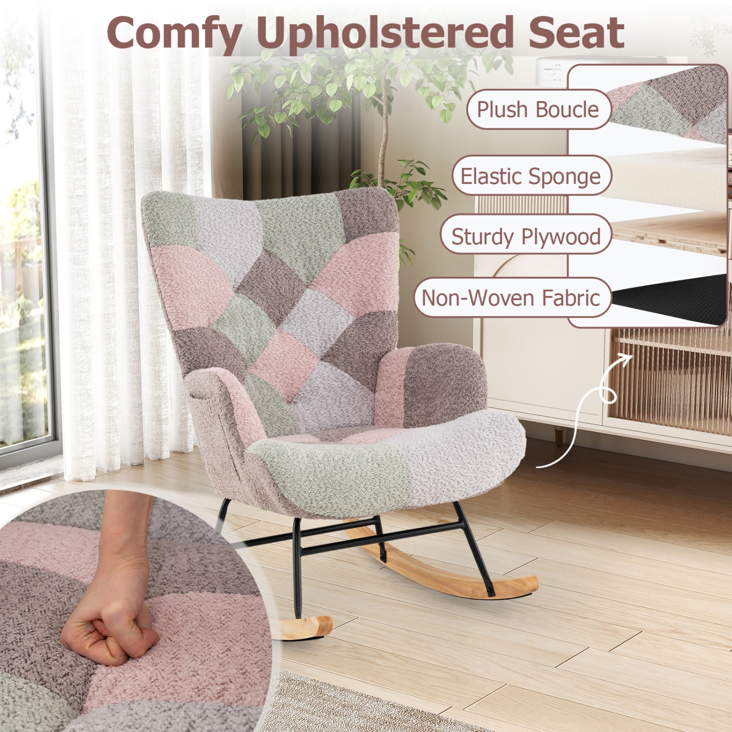 Gymax Nursery Rocking Chair Upholstered Boucle Fabric Nursing Armchair w/ Ergonomic Armrests