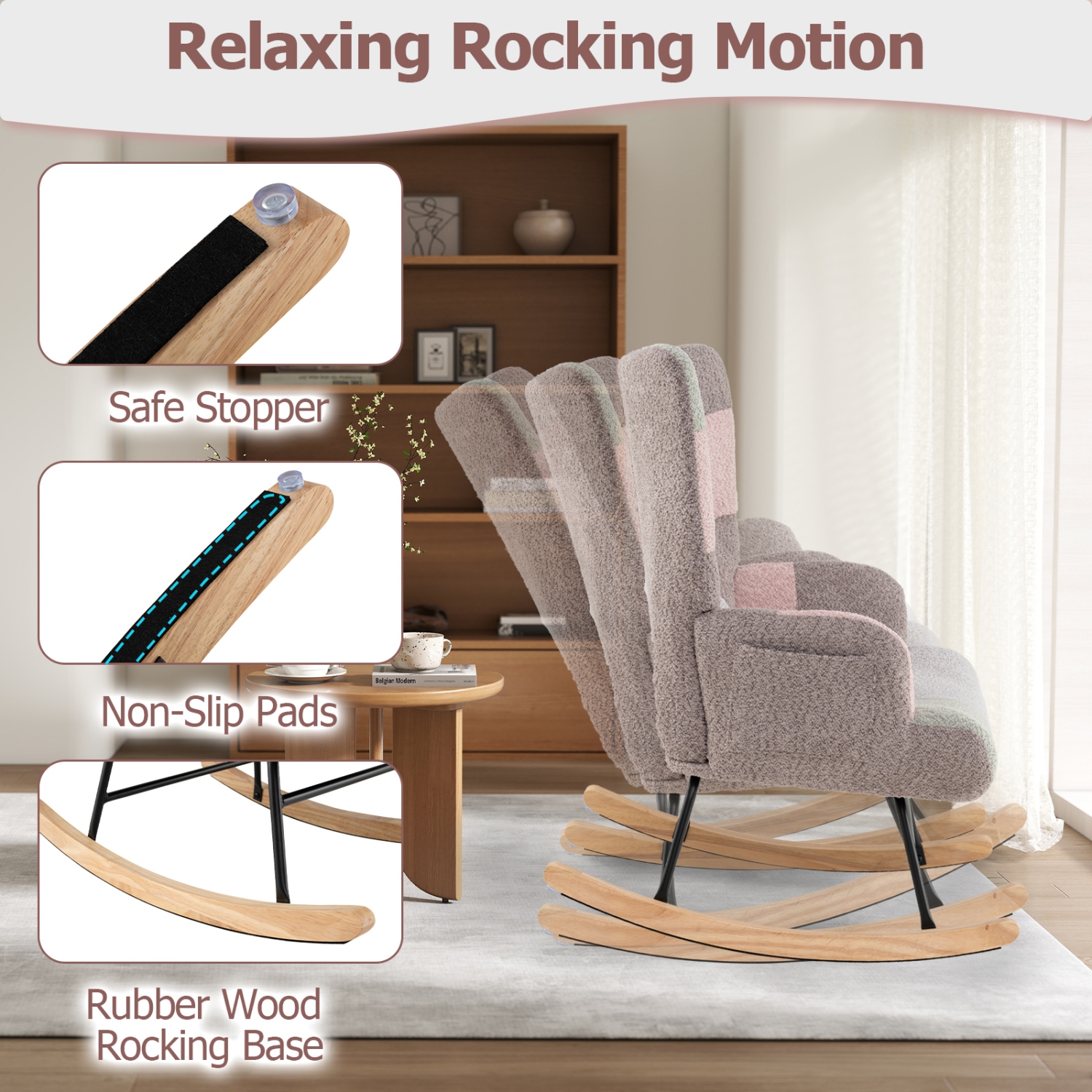 Gymax Nursery Rocking Chair Upholstered Boucle Fabric Nursing Armchair w/ Ergonomic Armrests