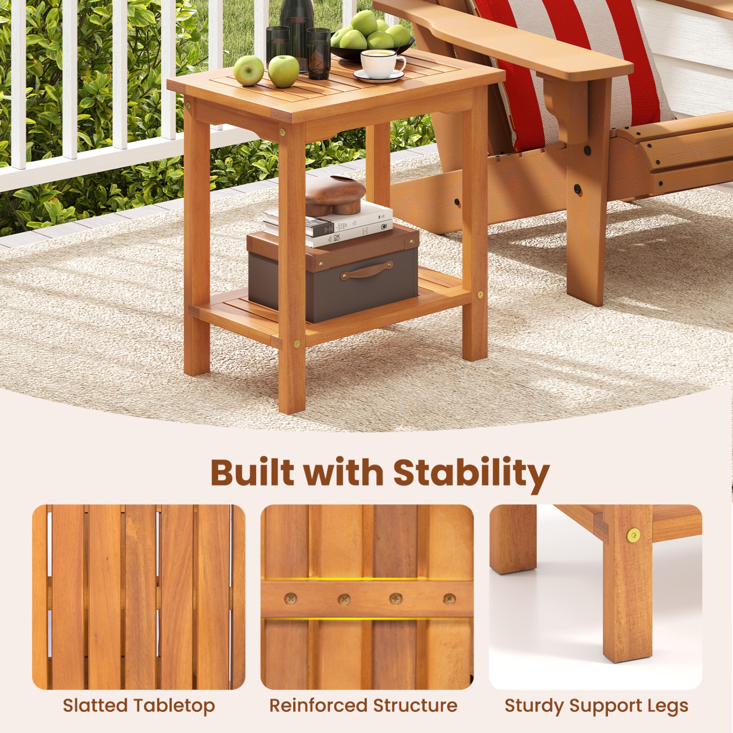 Gymax Outdoor Acacia Wood Side Table 2-Tier Patio End Table w/ Slatted Tabletop