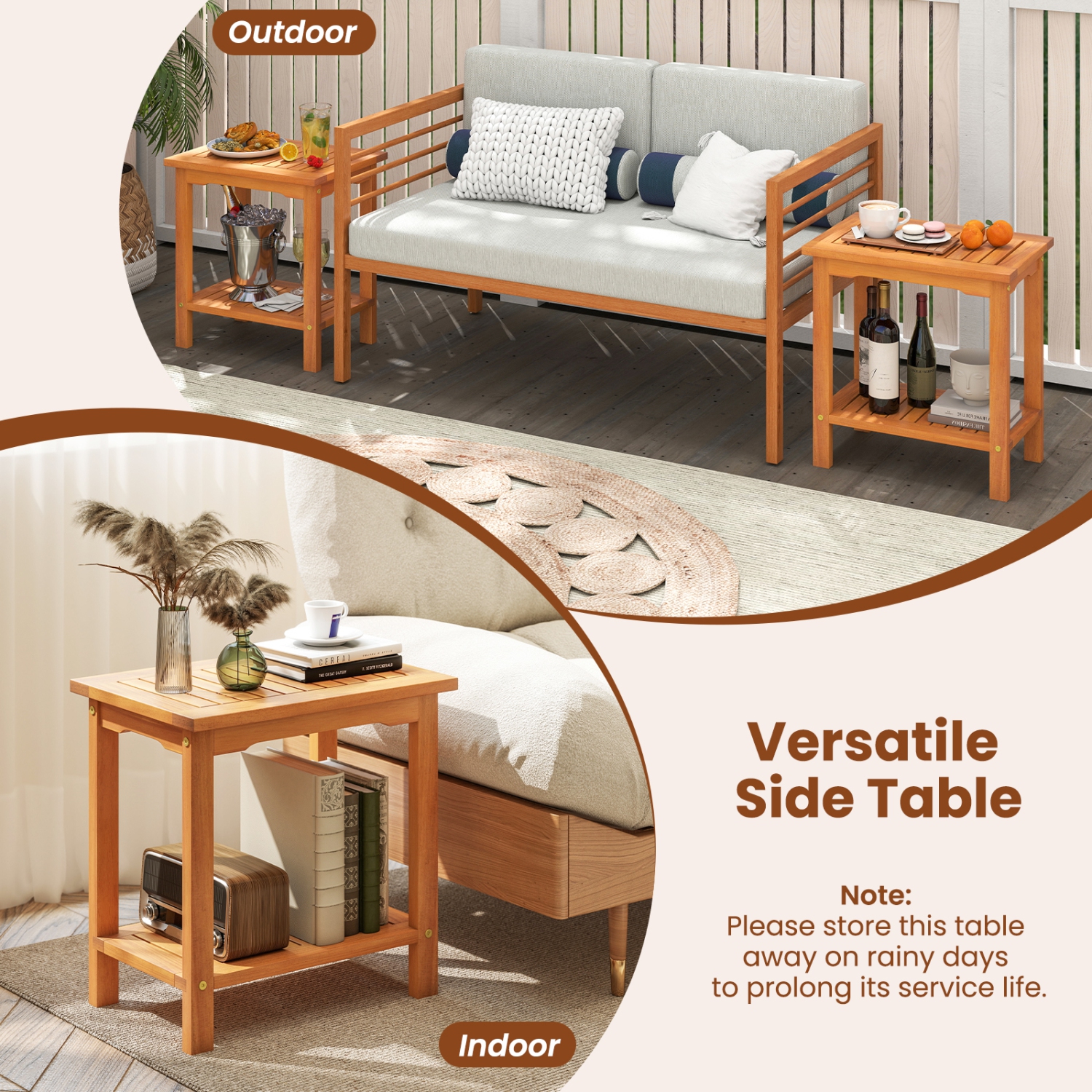 Gymax Outdoor Acacia Wood Side Table 2-Tier Patio End Table w/ Slatted Tabletop