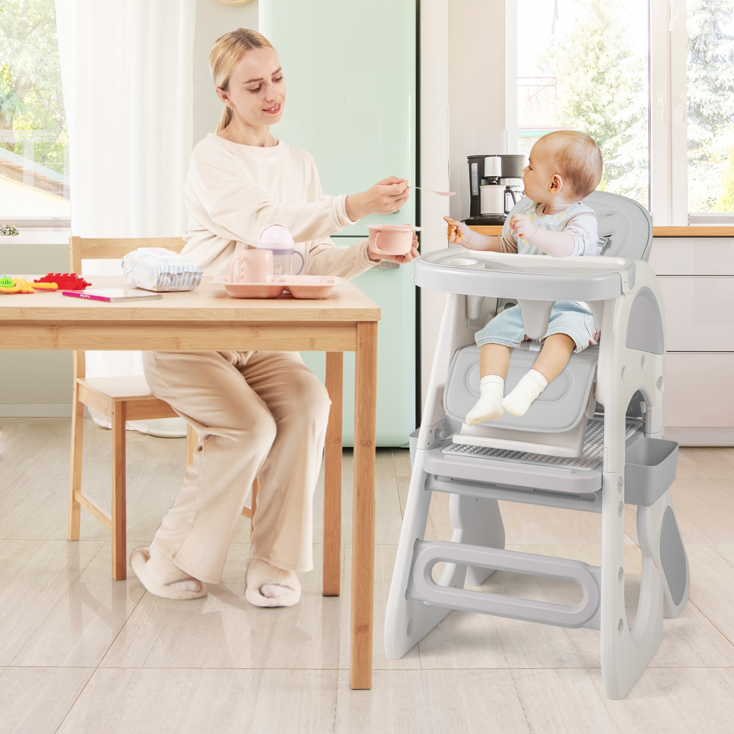 Gymax Convertible Baby Tall Chair 2-Tier Food Tray Feeding Chair for 18+ Month Olds