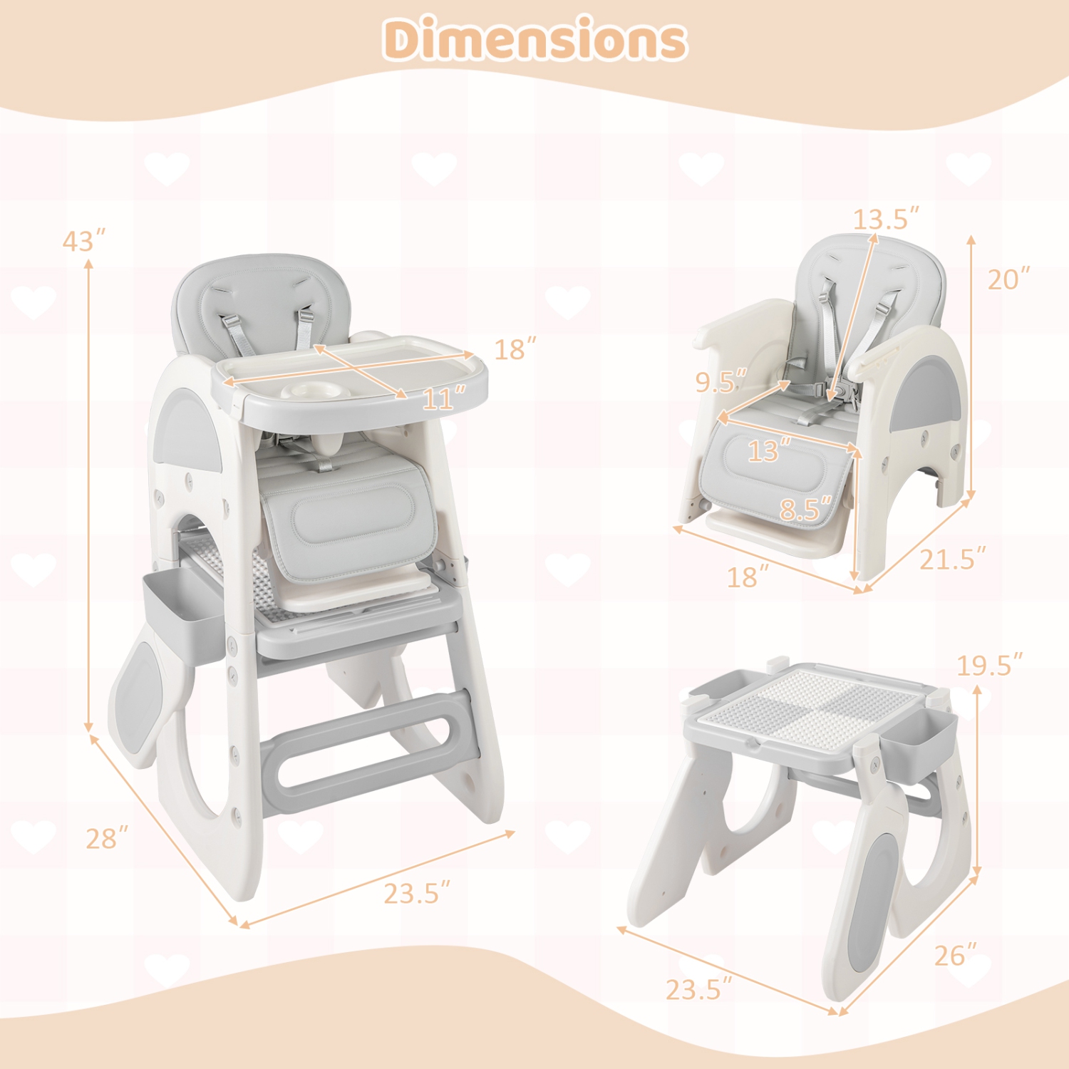 Gymax Convertible Baby Tall Chair 2-Tier Food Tray Feeding Chair for 18+ Month Olds