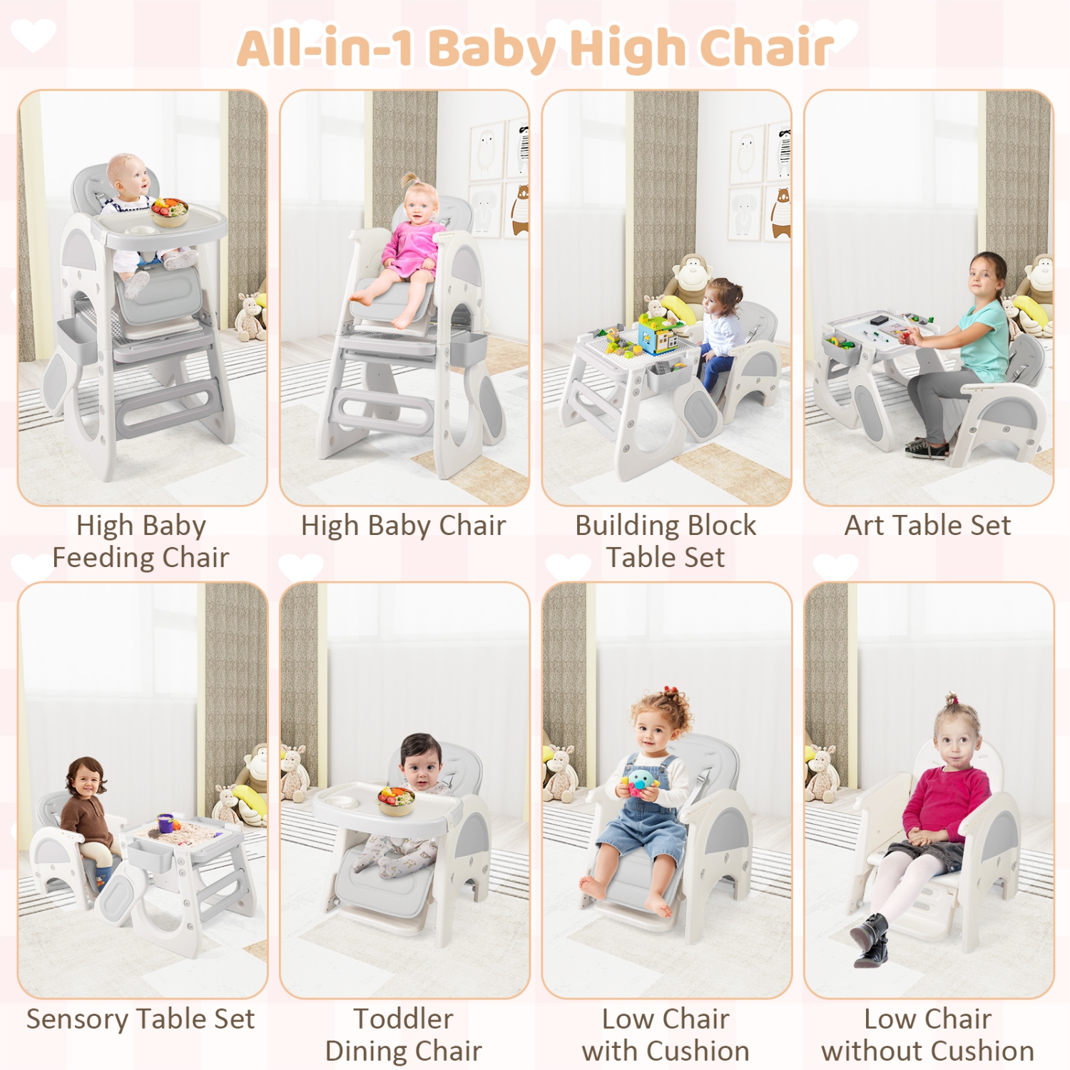 Gymax Convertible Baby Tall Chair 2-Tier Food Tray Feeding Chair for 18+ Month Olds