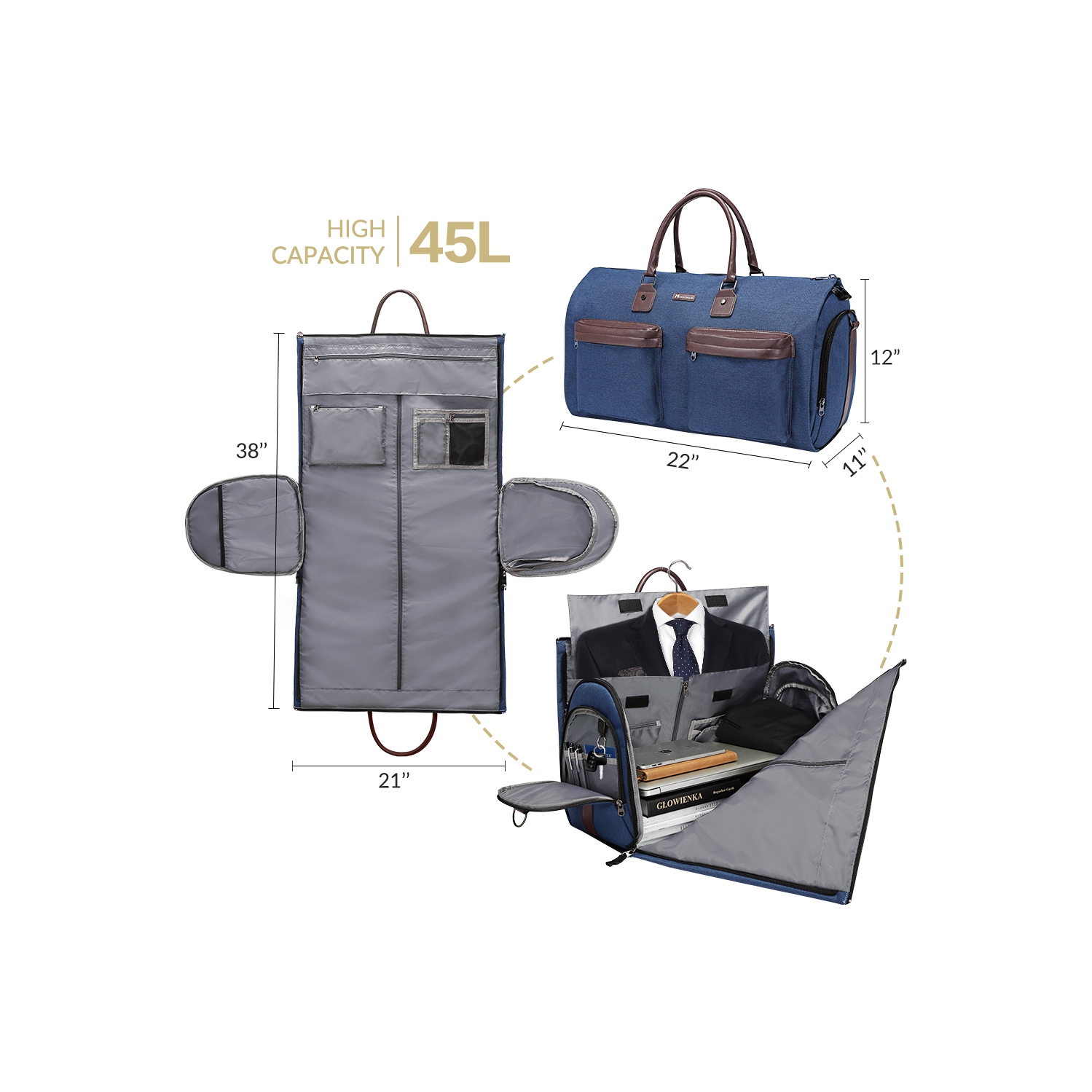 Meidale – Sac à vêtements convertible avec sac de toilette | Sac polochon de cabine pour hommes et femmes en voyage | Sac à combinaison multifonction