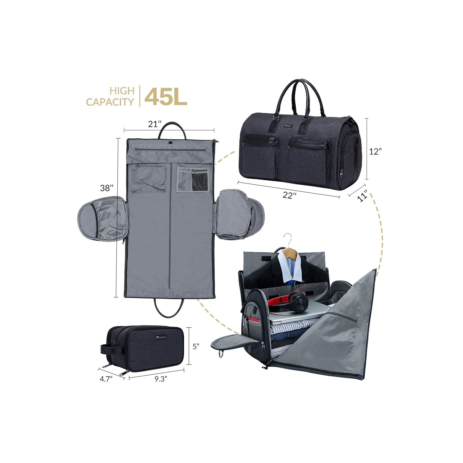 Meidale – Sac à vêtements convertible avec sac de toilette | Sac polochon de cabine pour hommes et femmes en voyage | Sac multifonctionnel pour